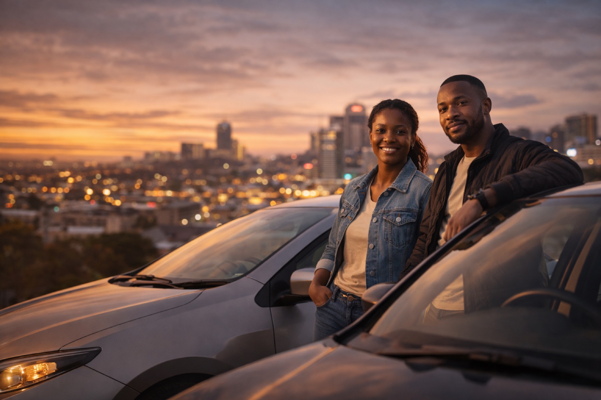 Two drivers with city sunset