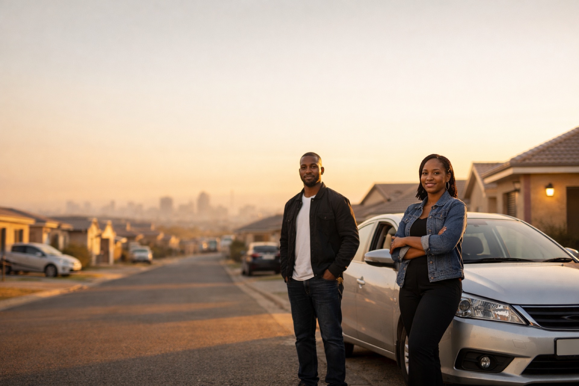 Two drivers in neighborhood at golden hour