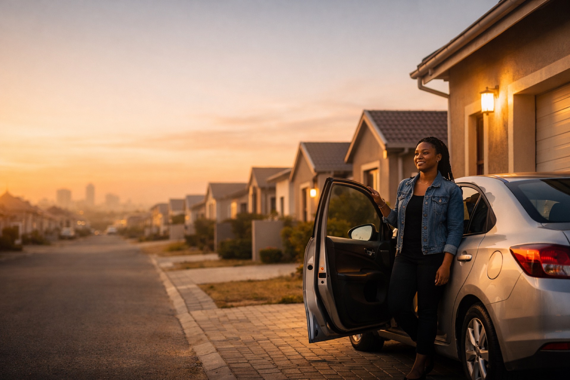 Driver stepping out at suburban home