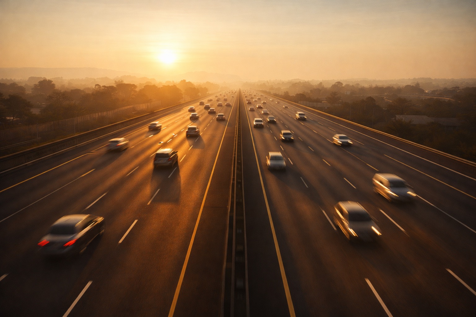 Golden-hour highway with traffic streaks heading toward the horizon — the road ahead