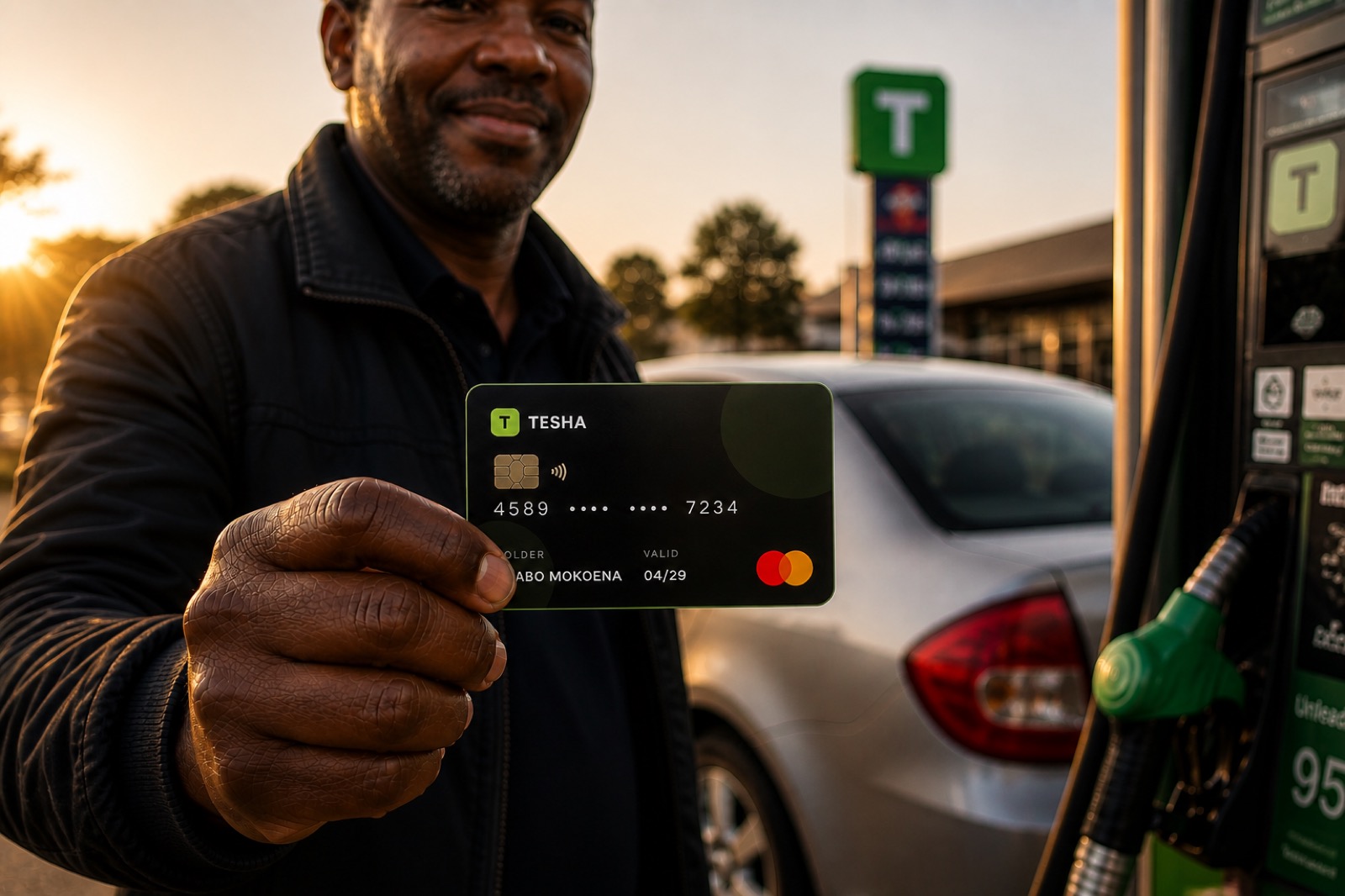 A driver holding the Tesha card at a petrol forecourt at sunset