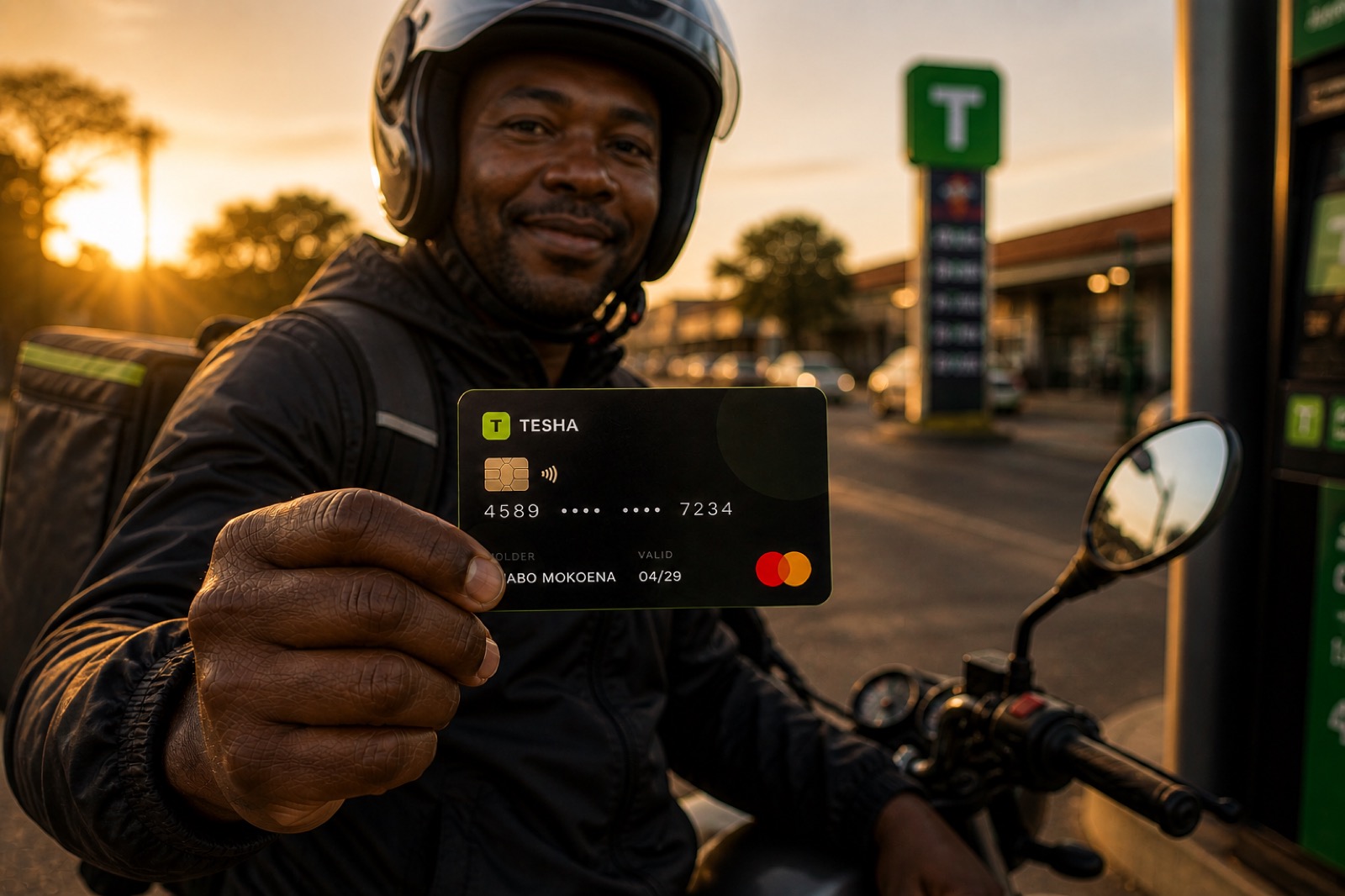 A delivery rider holding the Tesha card at a petrol forecourt