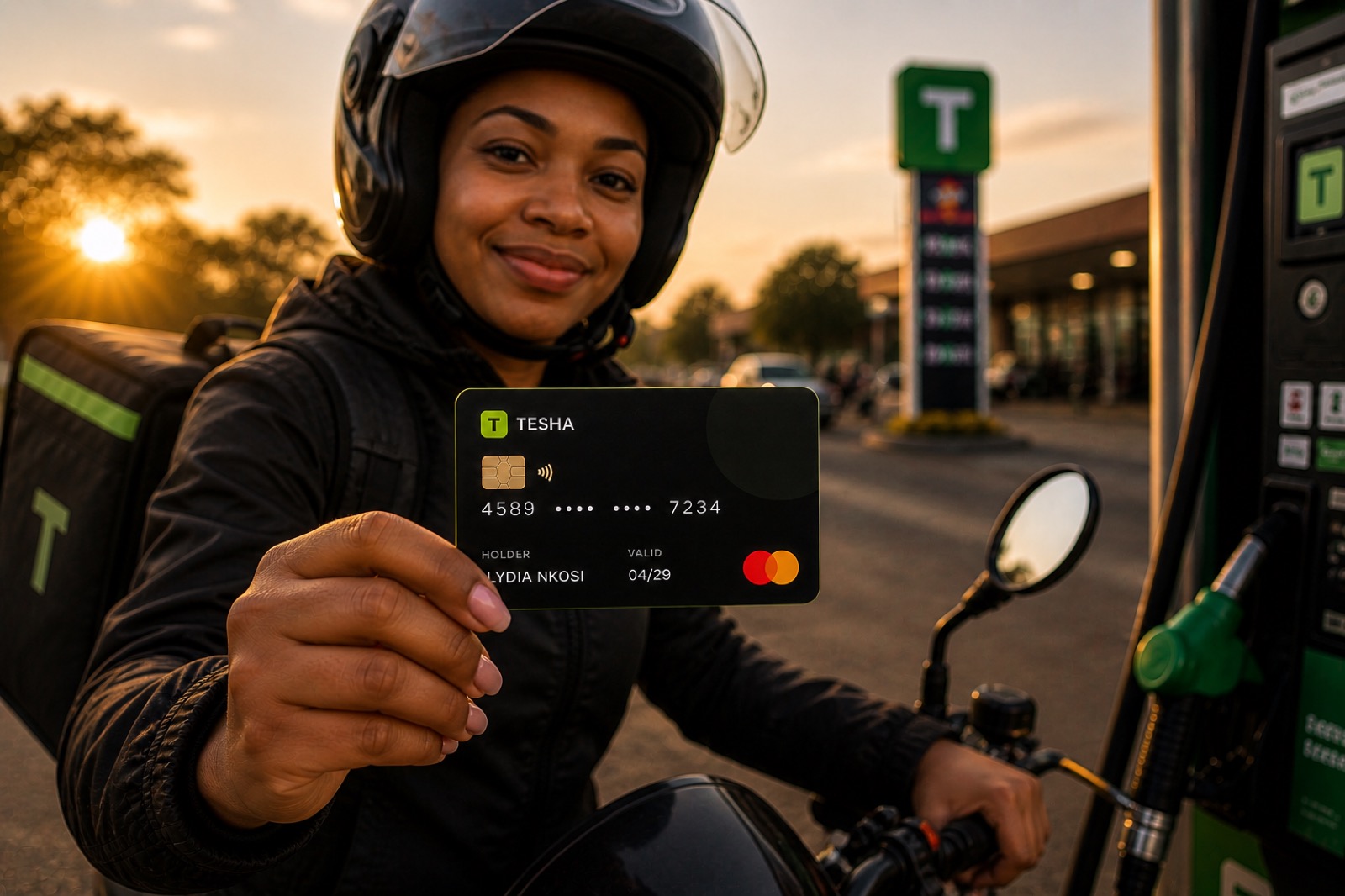 A delivery rider holding the Tesha card at a petrol forecourt