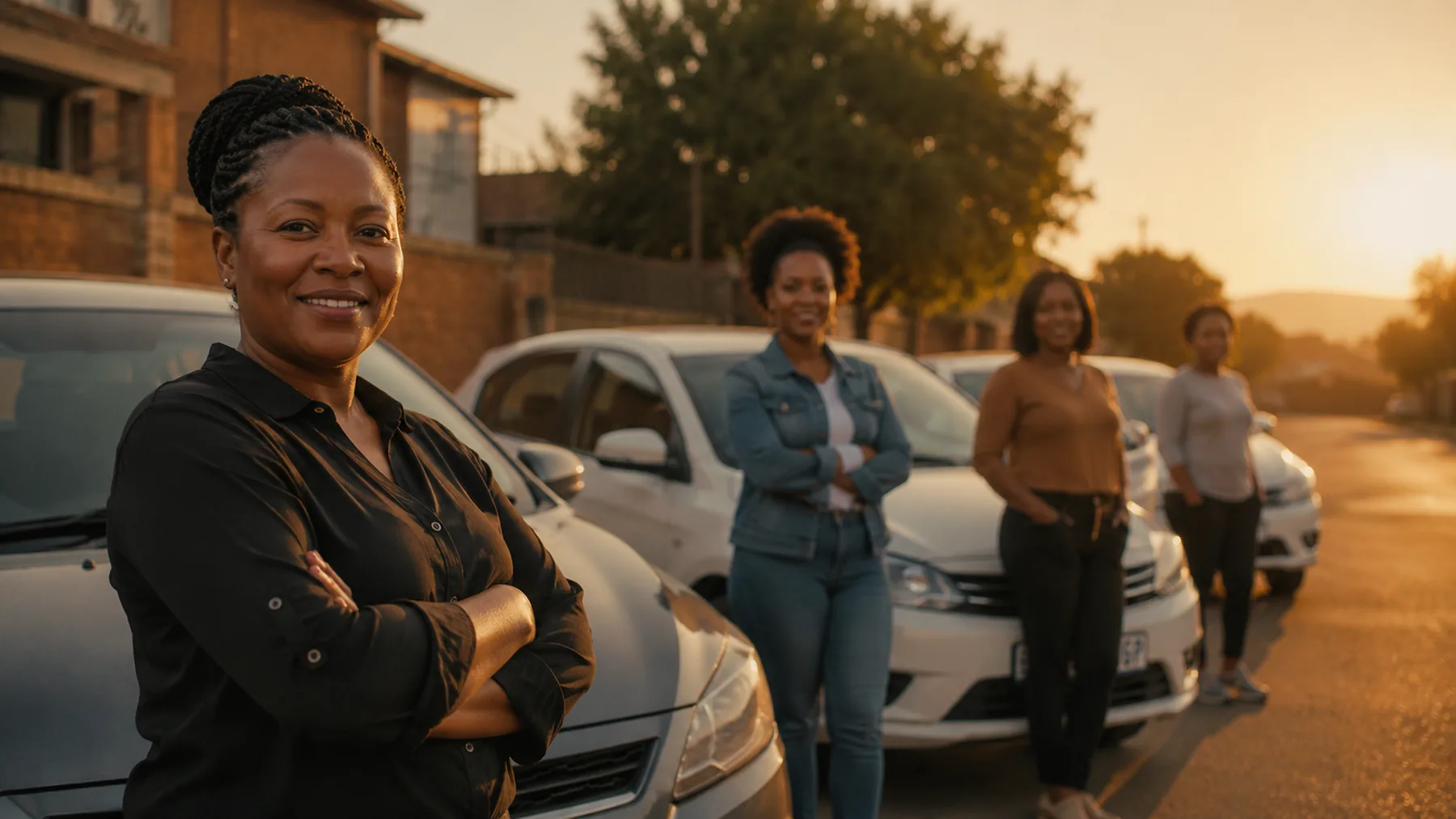 Four women drivers standing together beside their cars at sunset