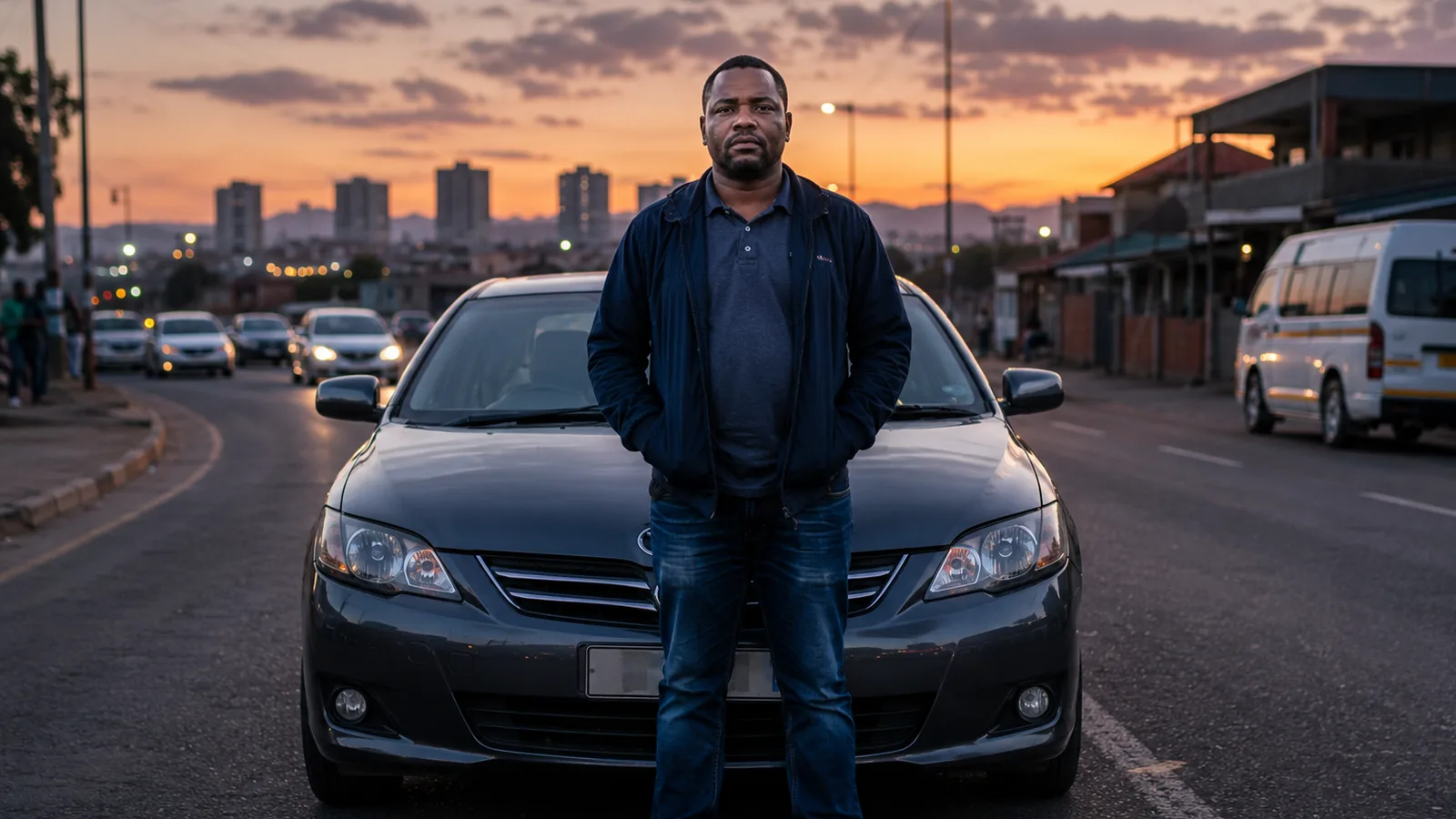 A driver standing in front of his own car on his street at sunset