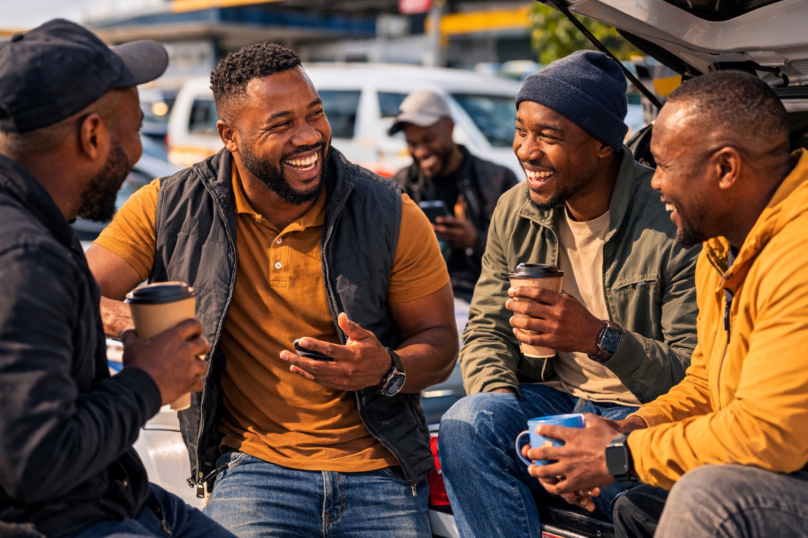Workers gathered around a bakkie tailgate, laughing