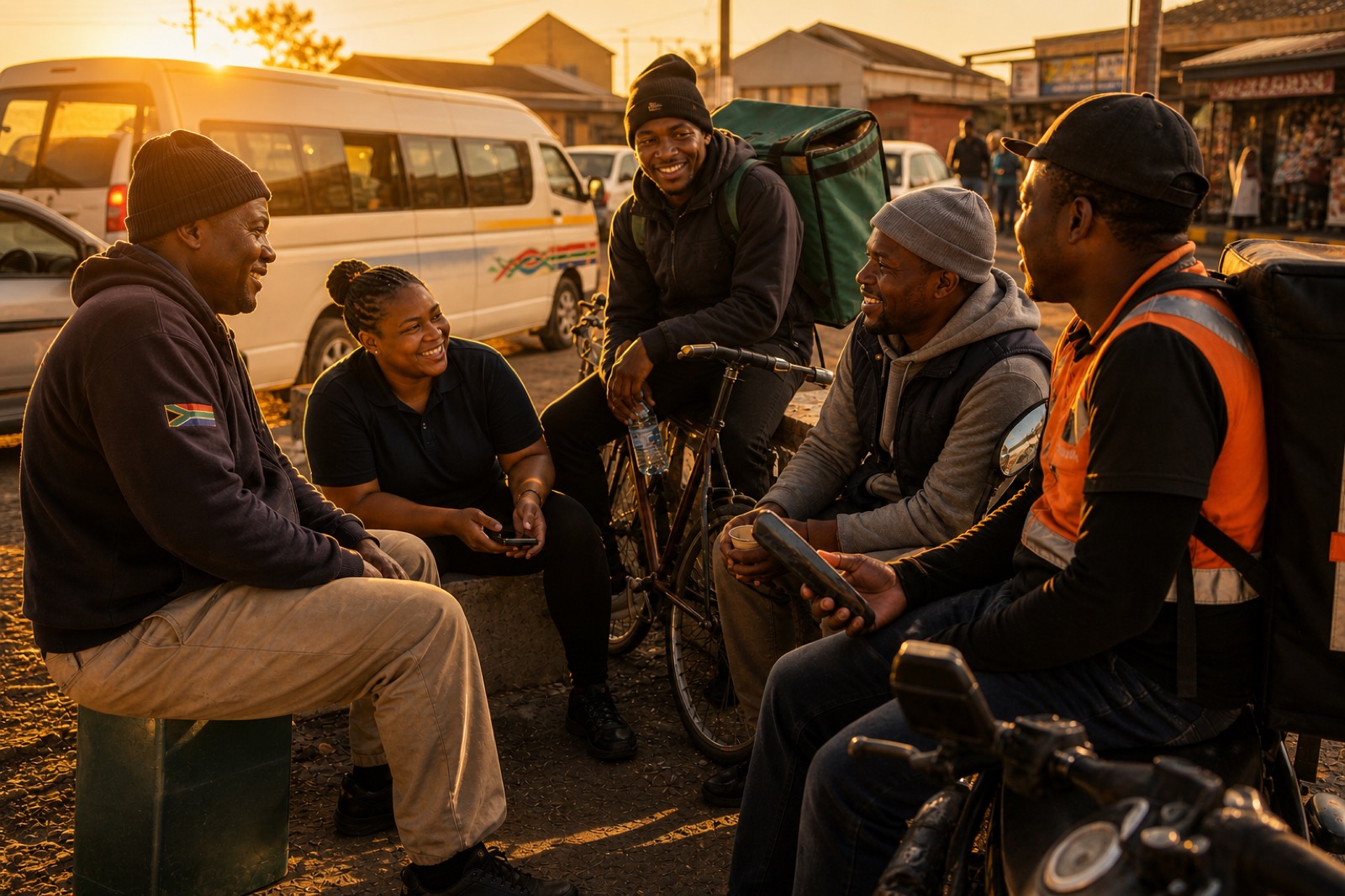 A group of gig workers laughing together at a taxi rank