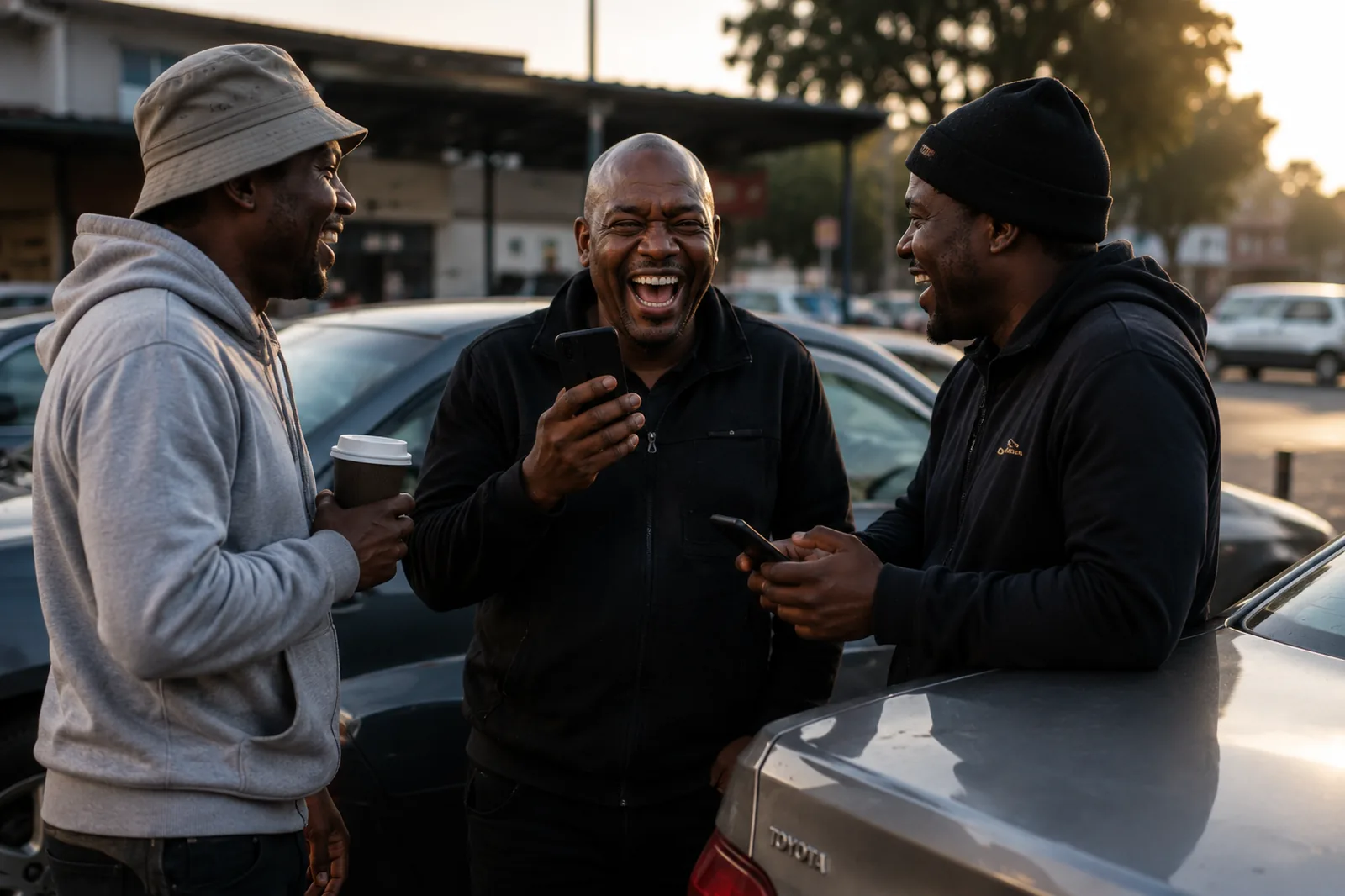 Three drivers laughing together over coffee beside a car