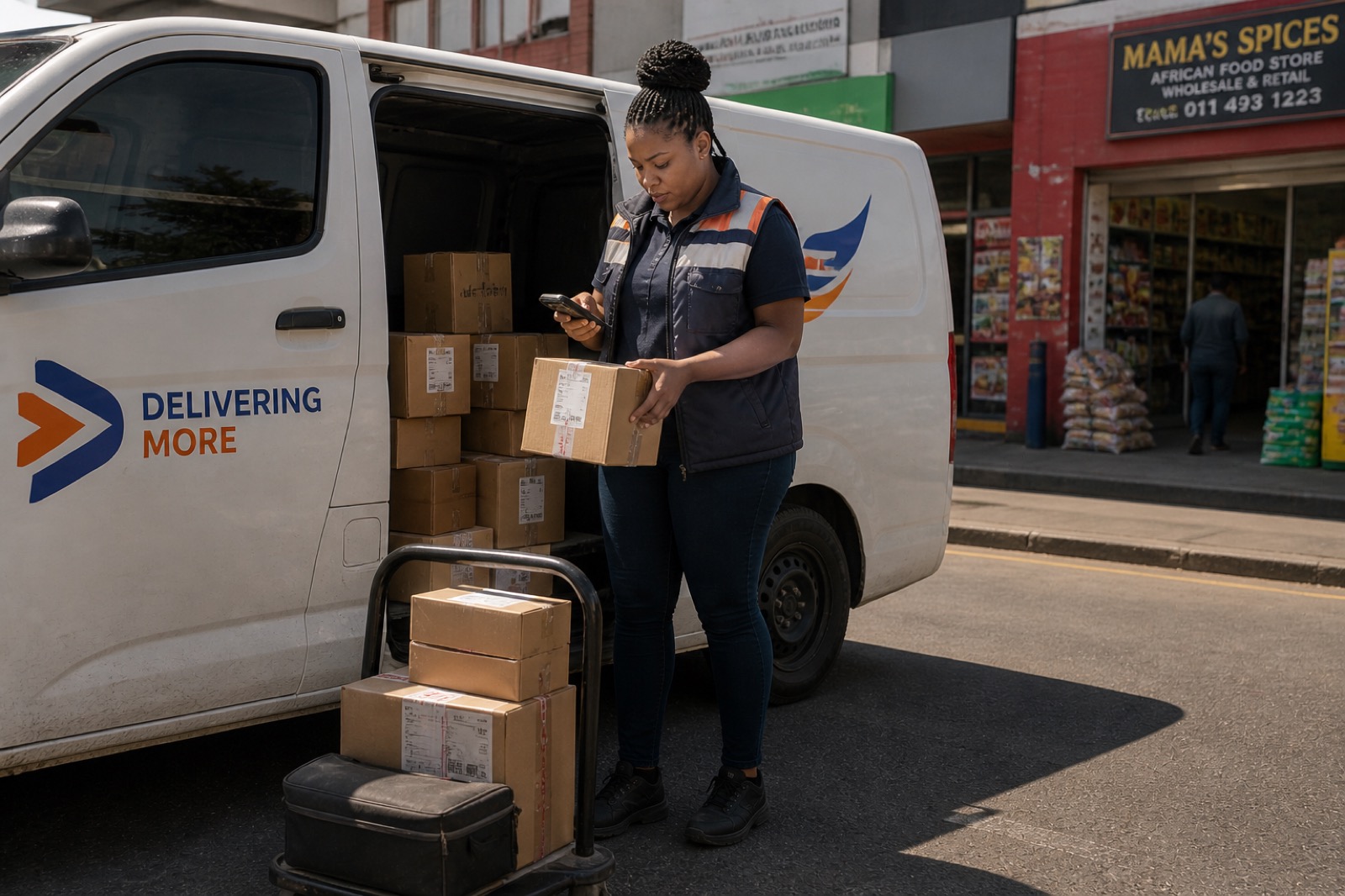 A courier woman with her van at a spaza shop