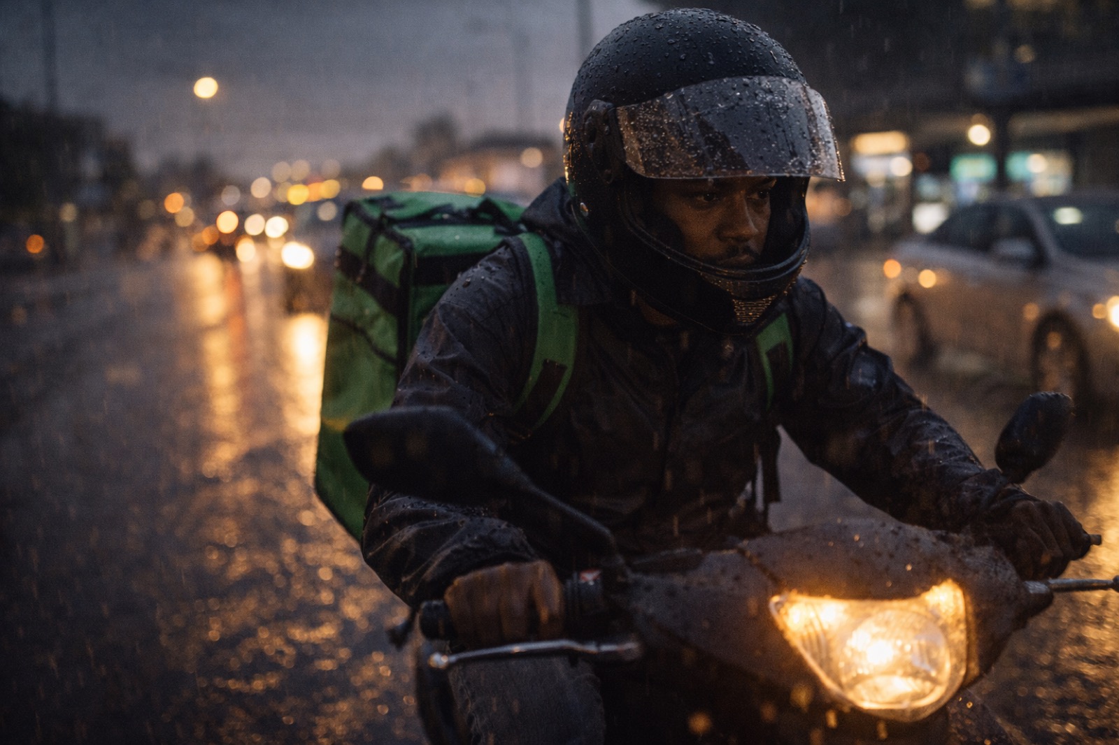 A rider working through heavy rain at night
