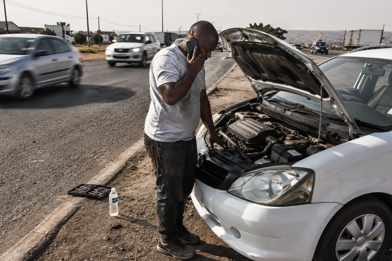 A driver on the phone at his open bonnet, traffic passing