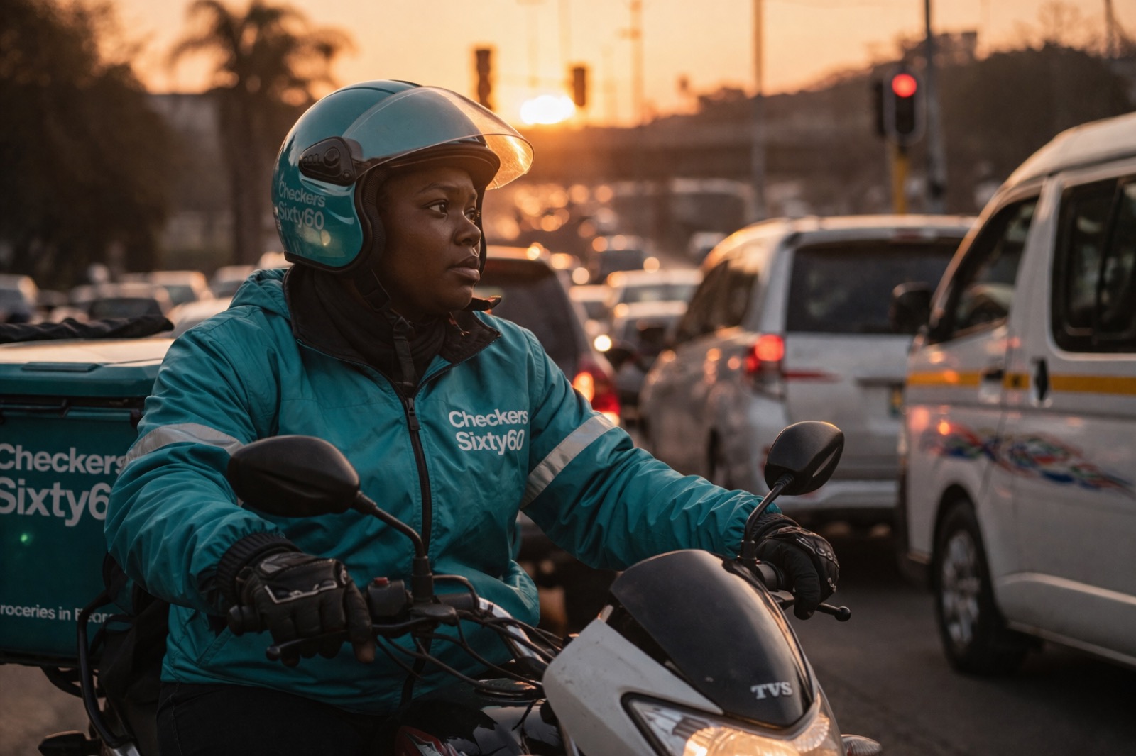 A Sixty60 rider in traffic at sunset