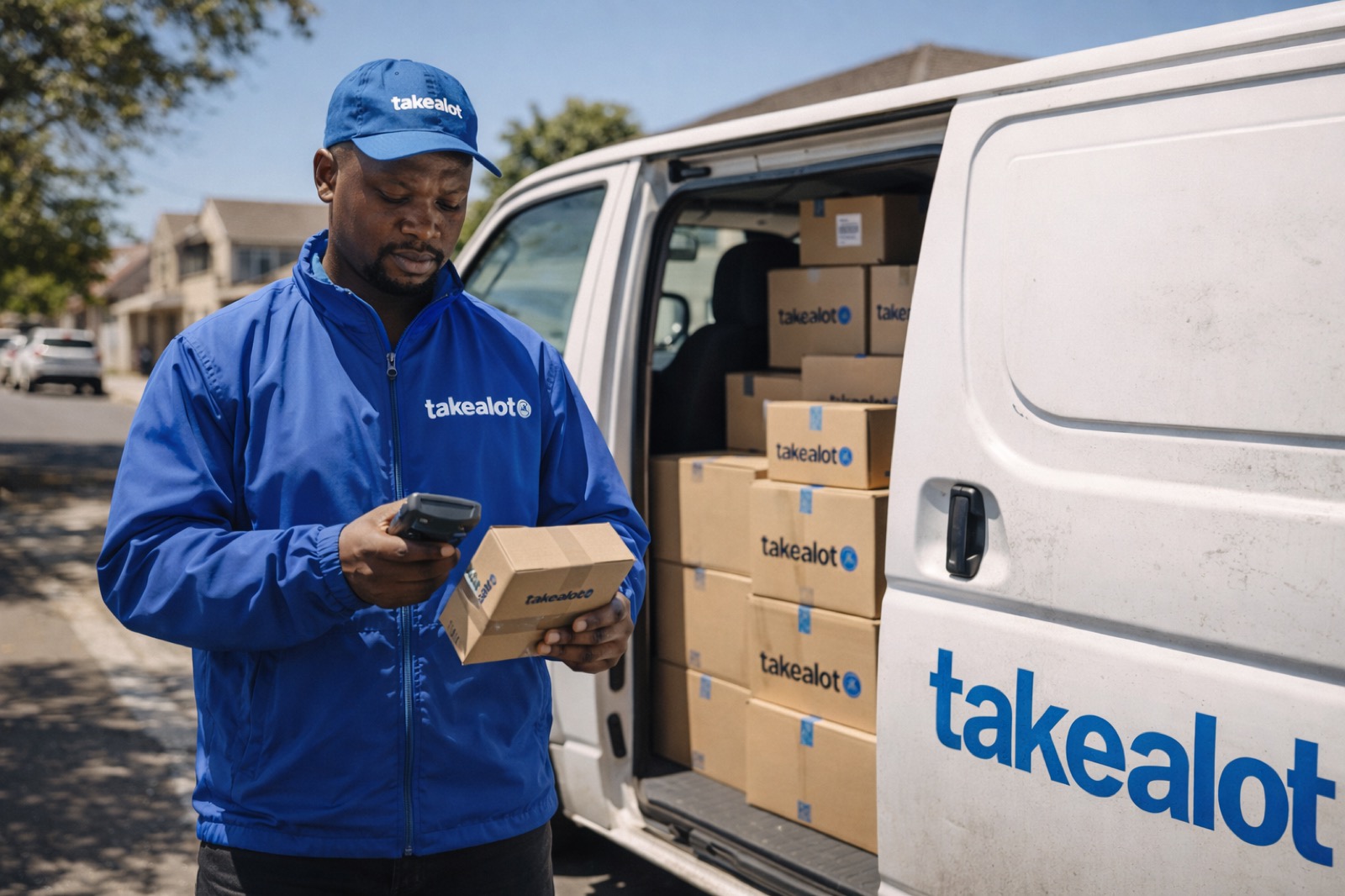 A delivery driver scanning a parcel beside his van, mid-shift