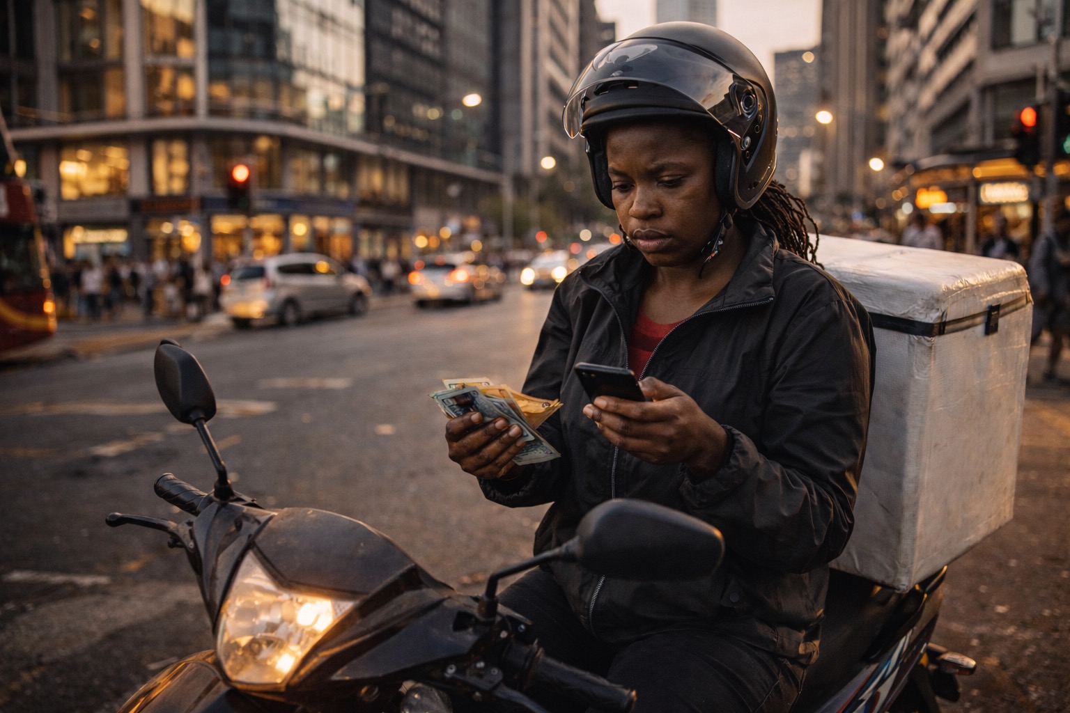 A delivery rider on her scooter at dusk, counting the day's earnings — calculating what goes home