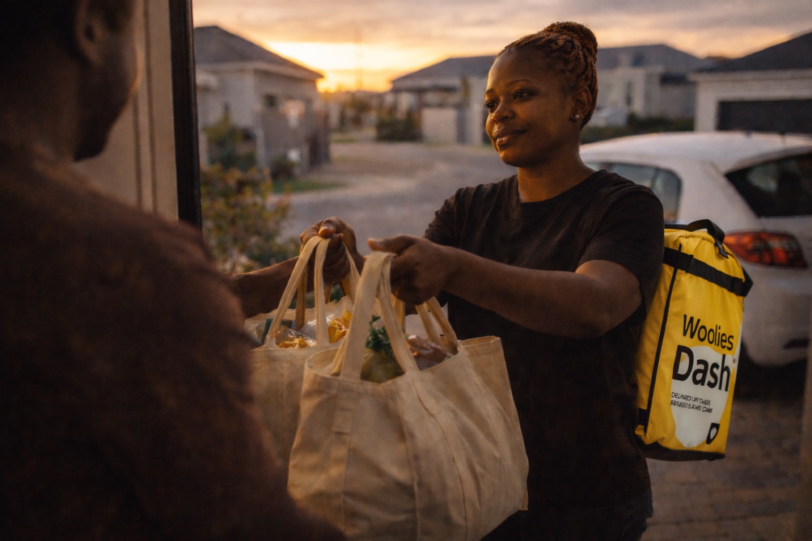 Woolies Dash courier handing over groceries