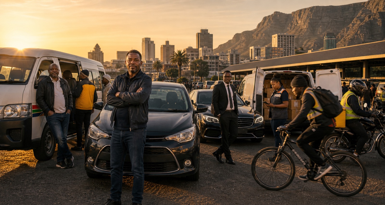 A diverse line-up of gig workers at Cape Town with Table Mountain in the background