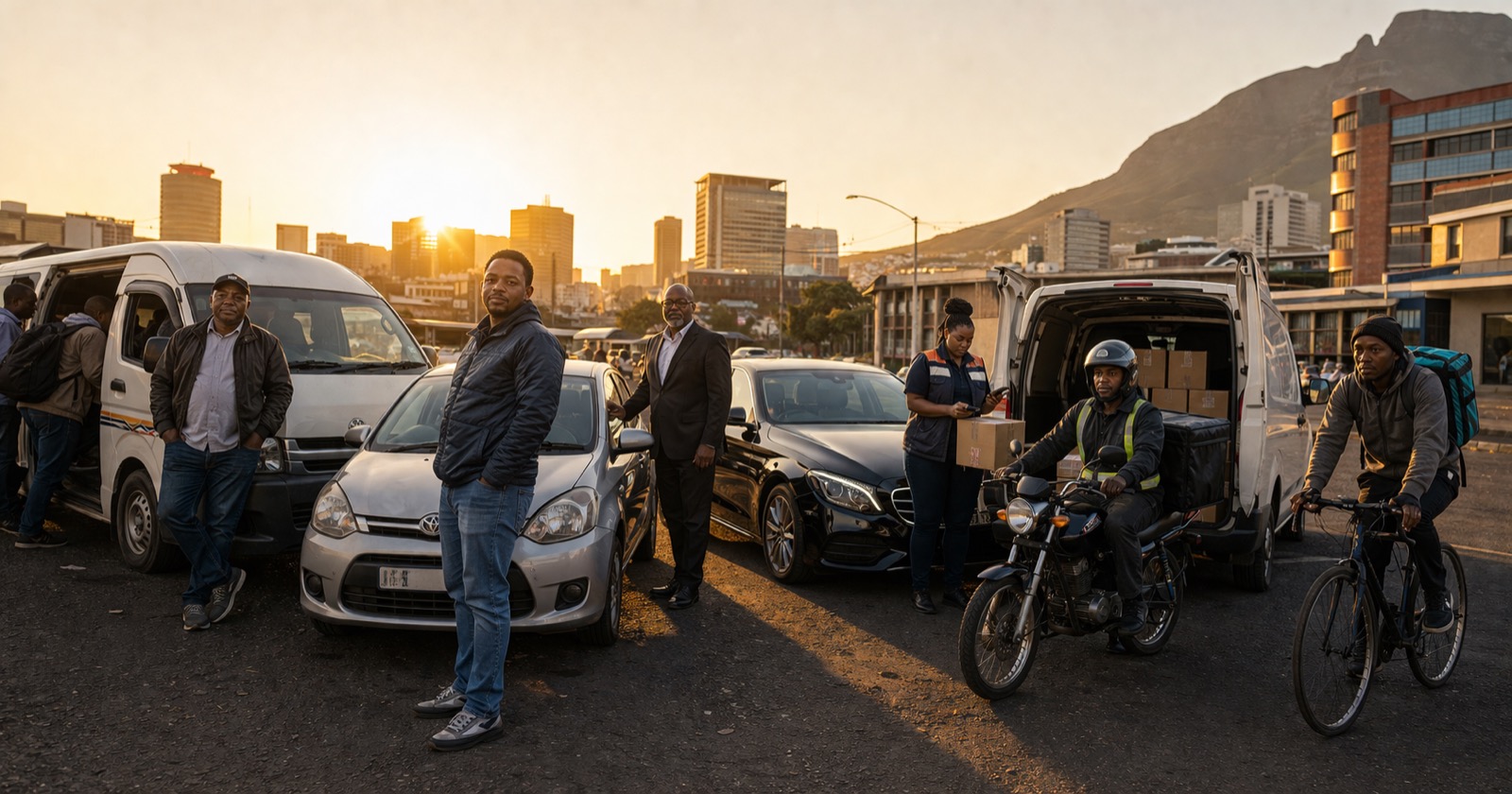 A diverse line-up of gig workers at Cape Town with Table Mountain