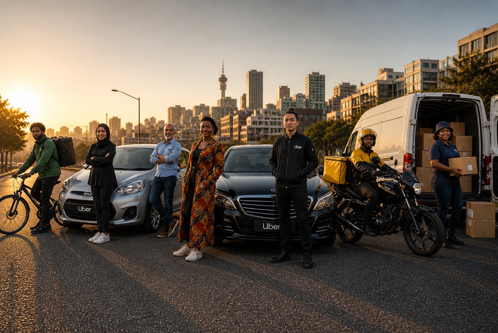 A line-up of gig workers — ride-hail drivers, delivery riders, couriers — against the city skyline