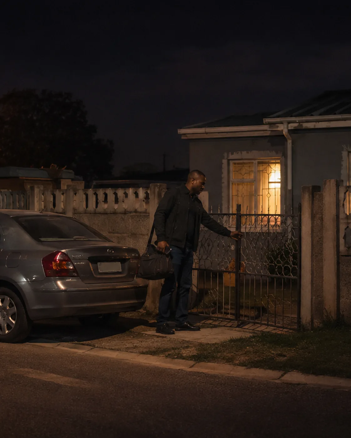 A driver home at the end of the shift, bag in hand at his gate, the house lit behind him
