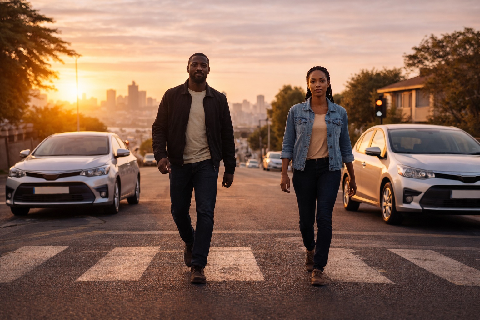 A driver couple walking forward across a sunset crosswalk, both their cars and the city skyline in the frame