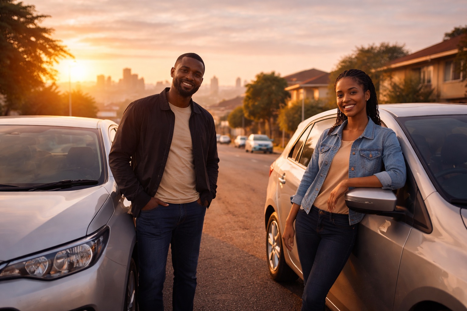 A driver couple beside their two cars on a suburban hilltop at sunset — vehicles owned, not rented