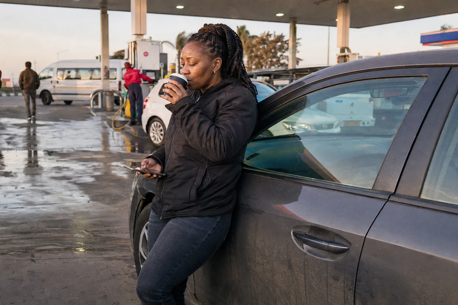 A driver with a coffee, leaning on her car at the forecourt