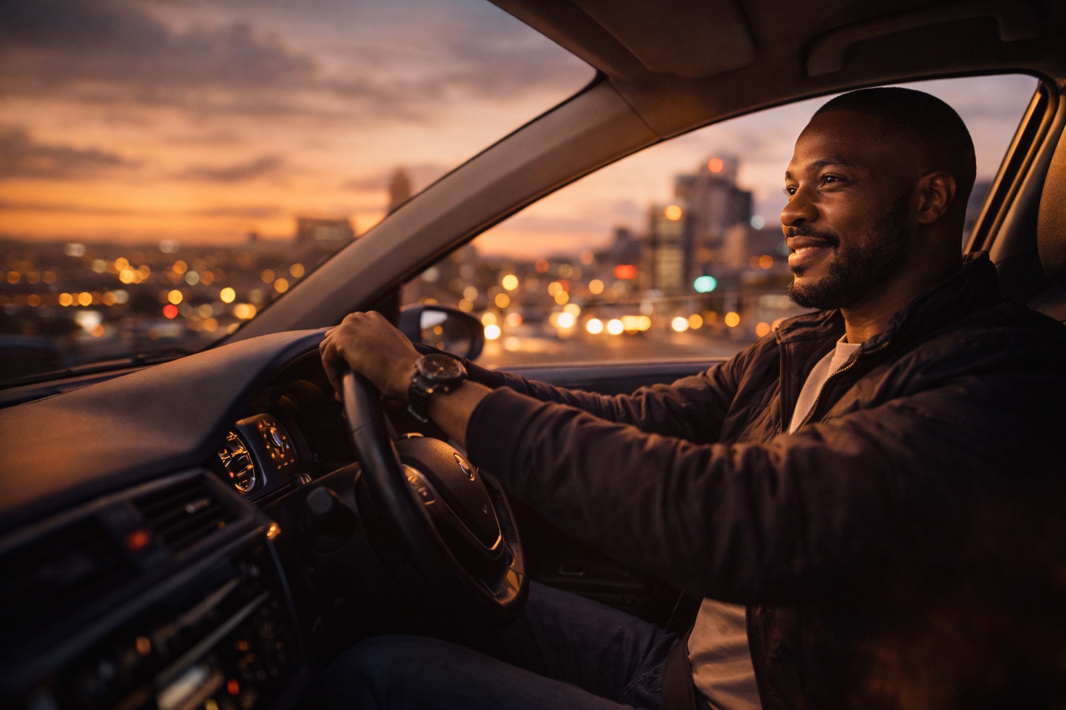 A driver heading into the city as the lights start coming on, three months in and finally smiling