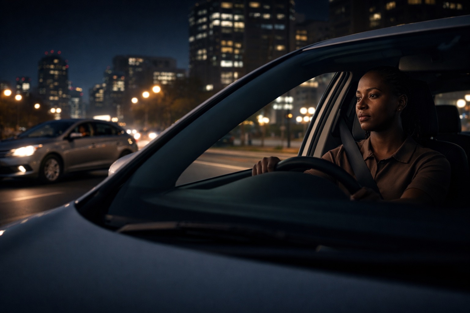 A driver focused at the wheel at night, the city lights behind her