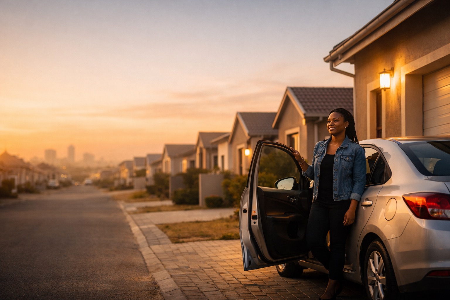 A driver stepping out of her car beside her own home at sunset, the city she works in glowing in the distance — arrived