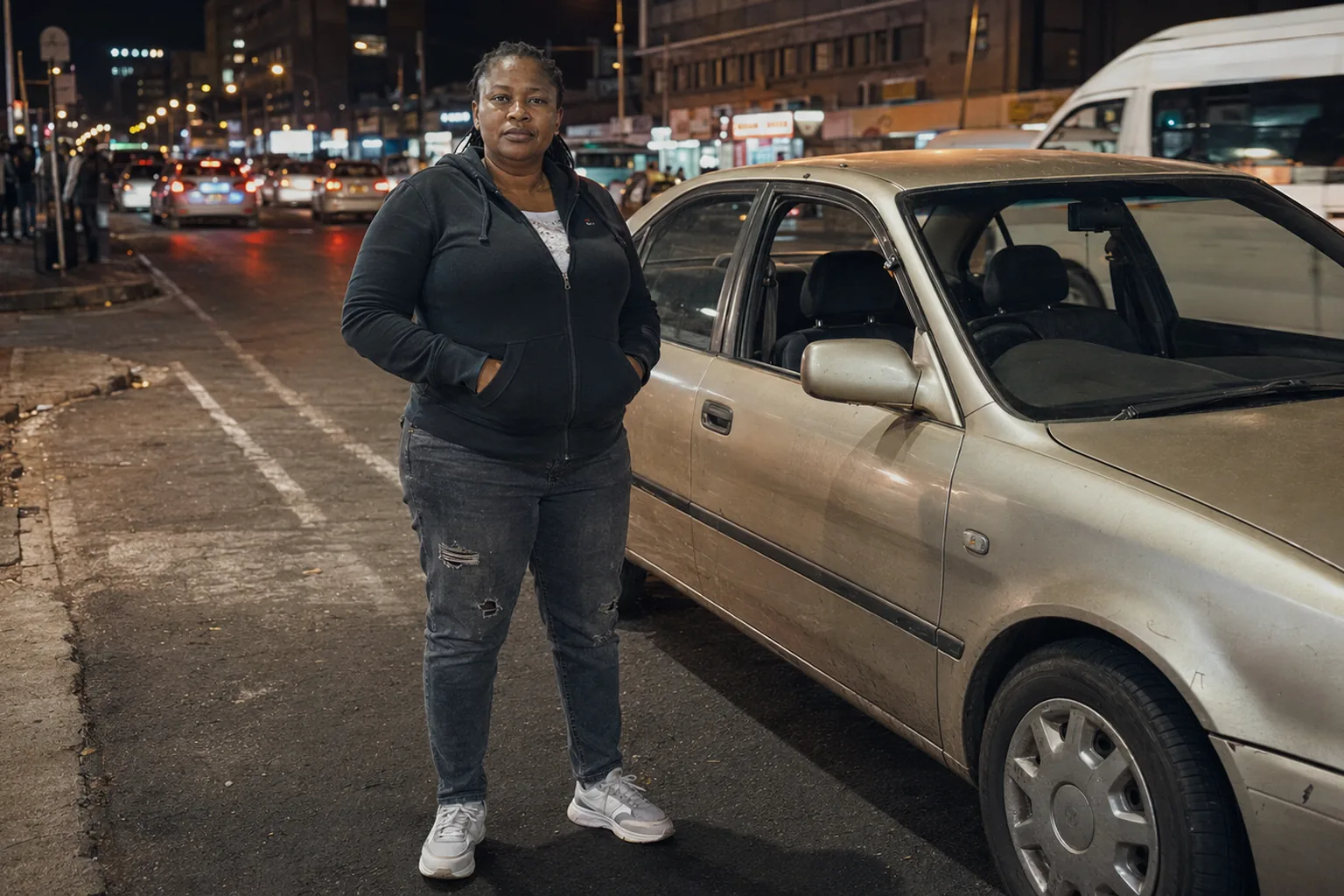 A driver standing beside her car on a CBD street