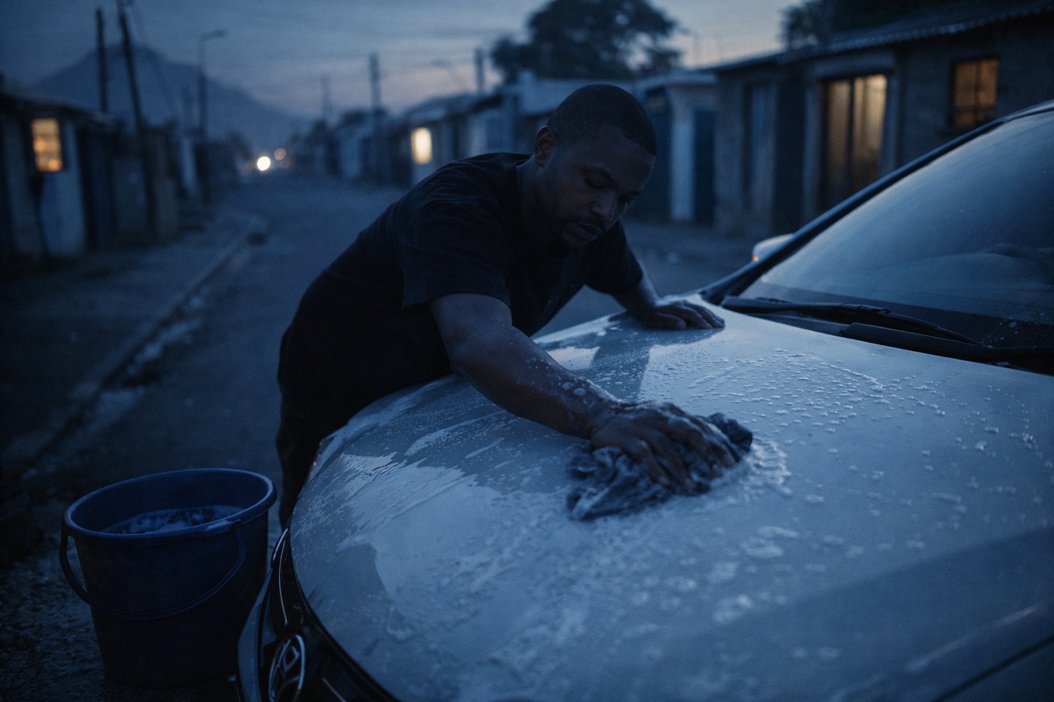 A driver washing his car at dawn before the shift starts