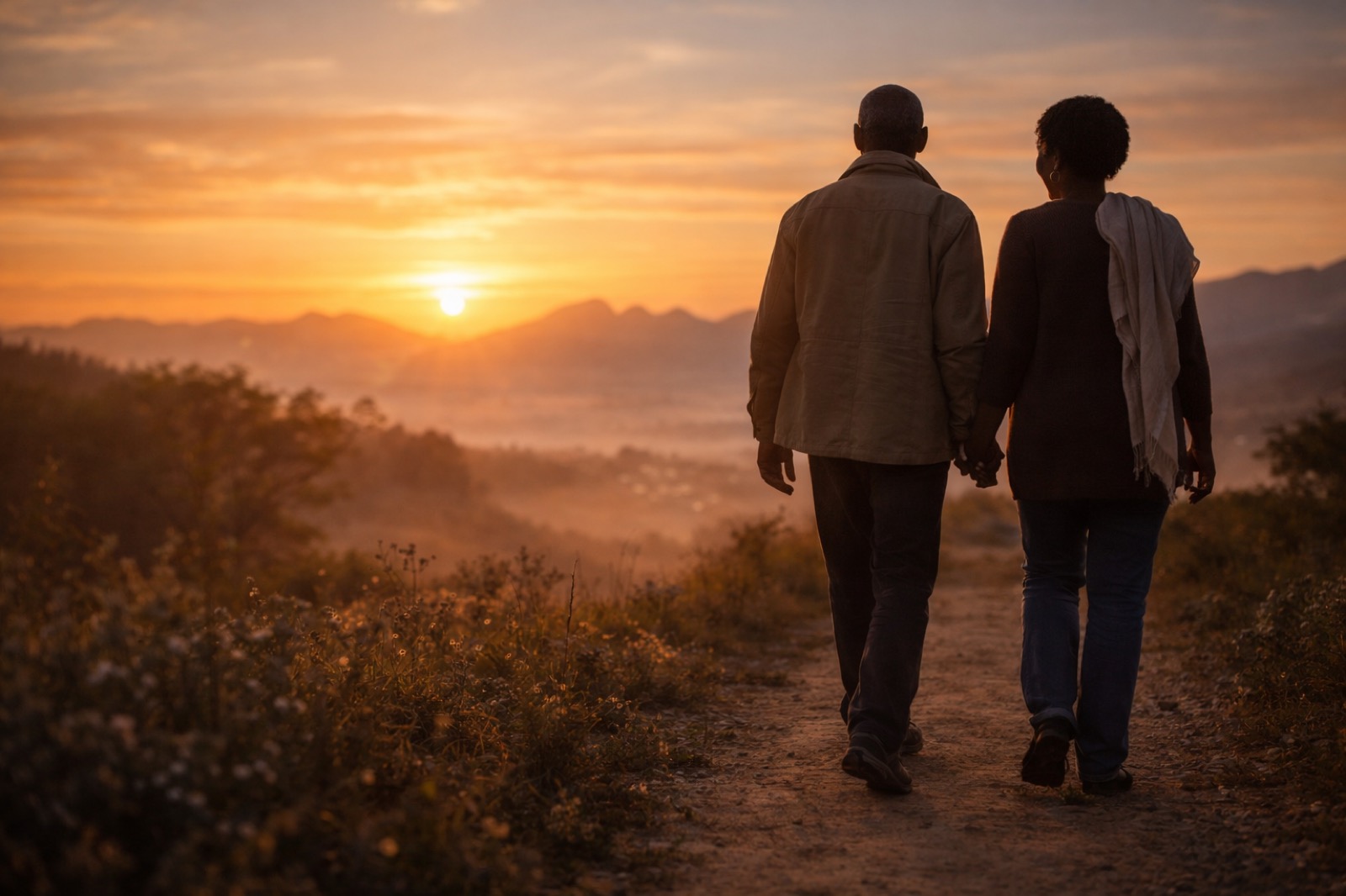 An older couple walking hand-in-hand into the sunset hills