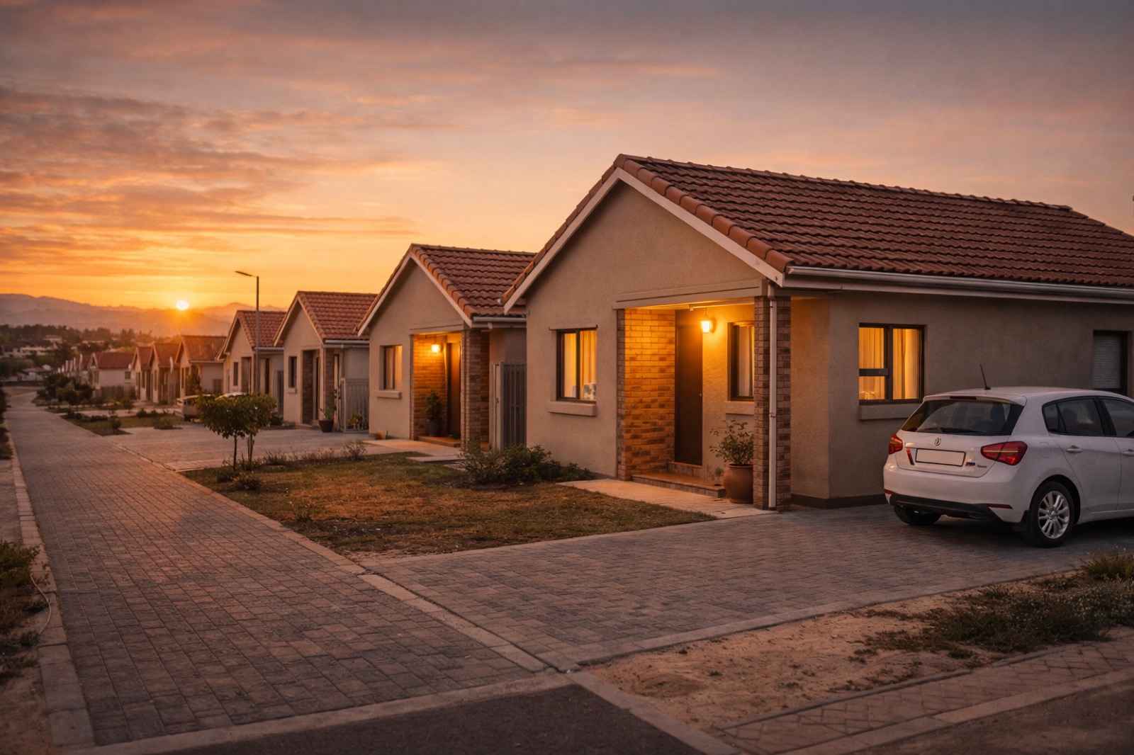 A row of homes at sunset