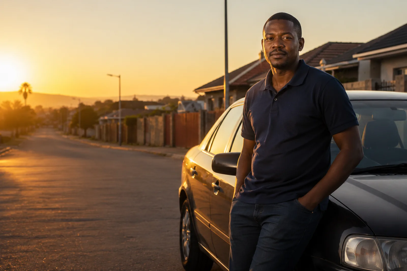 A driver standing beside his car outside his home at sunrise