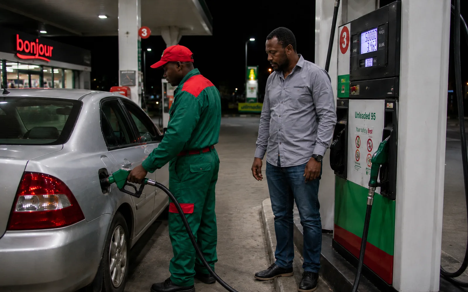 An attendant filling a car at the pump while the driver waits