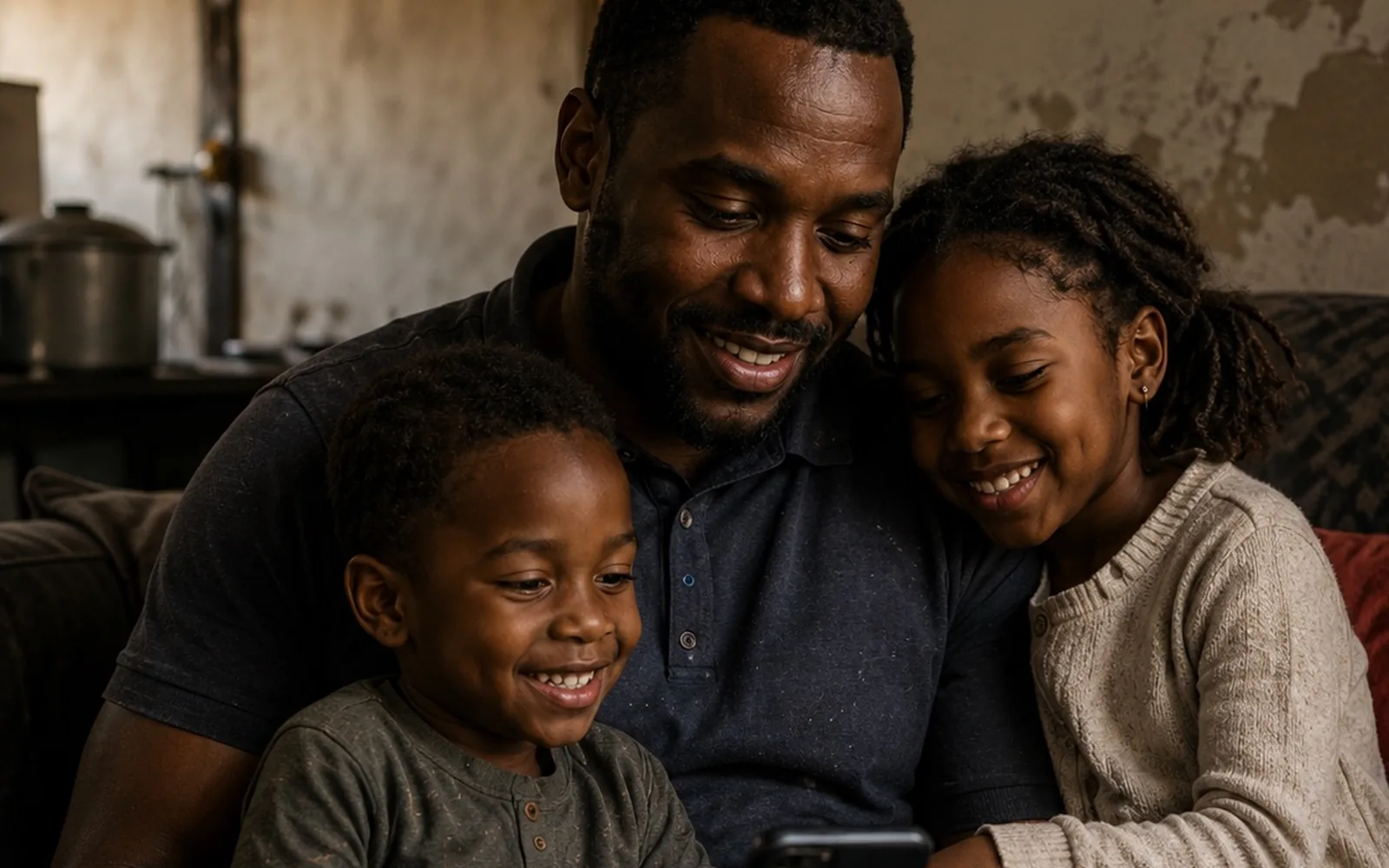A driver at home on the couch with his two children