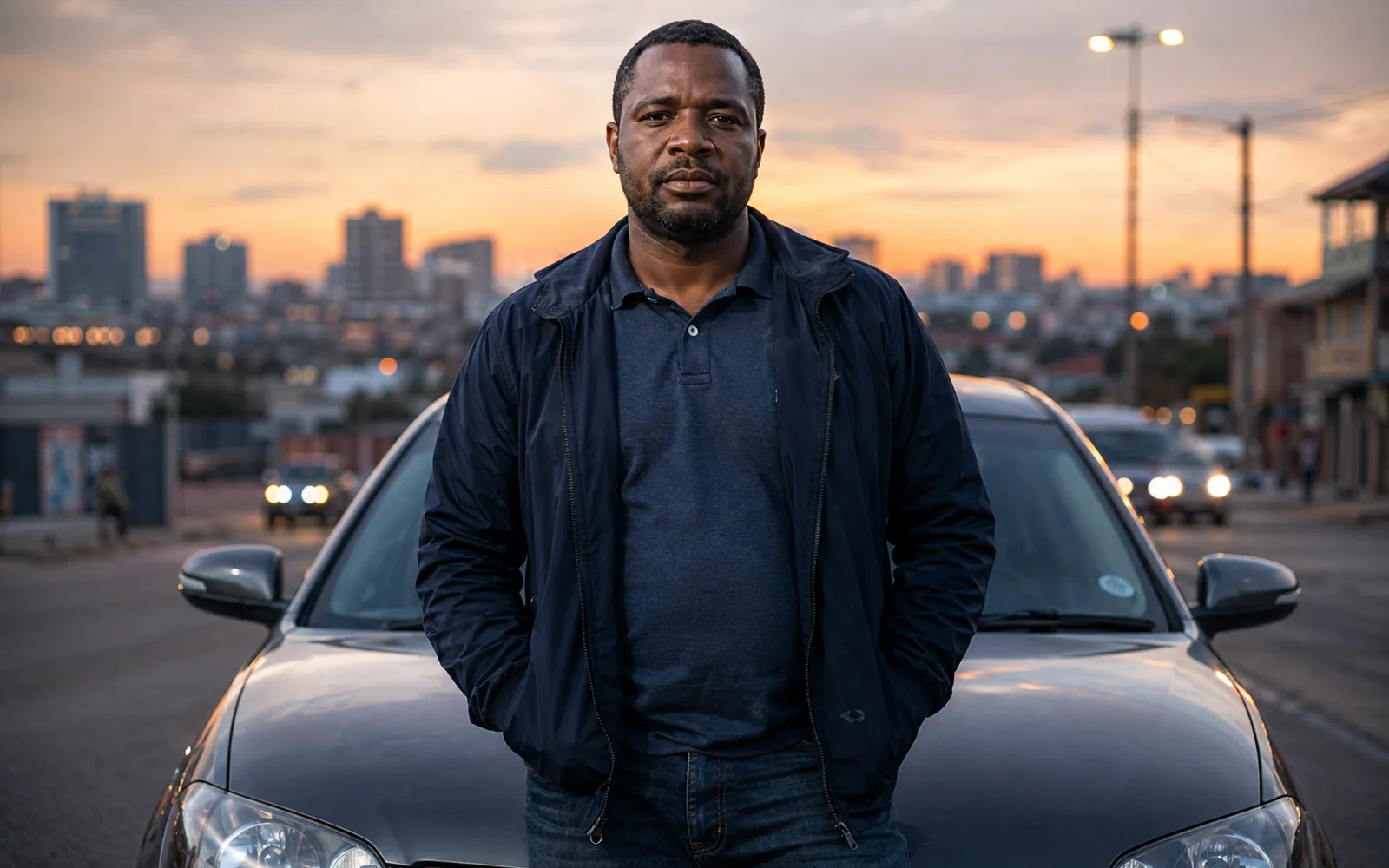 A driver standing in front of his own car, the city behind him at sunset