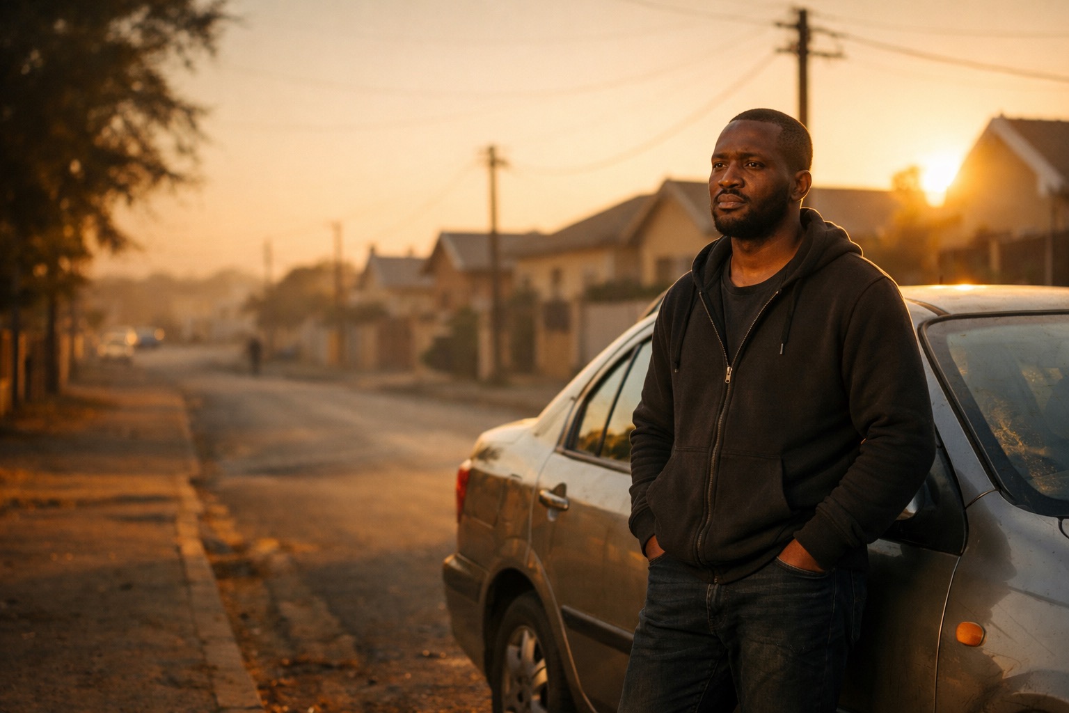 A driver leaning on his car at sunrise, decades on the road