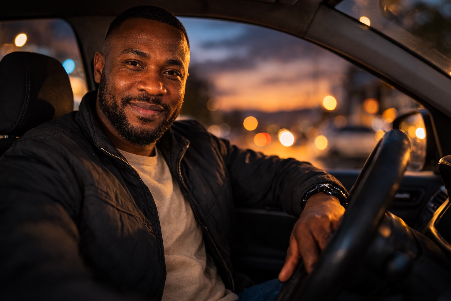 A confident ride-hail driver portrait — a record built shift by shift
