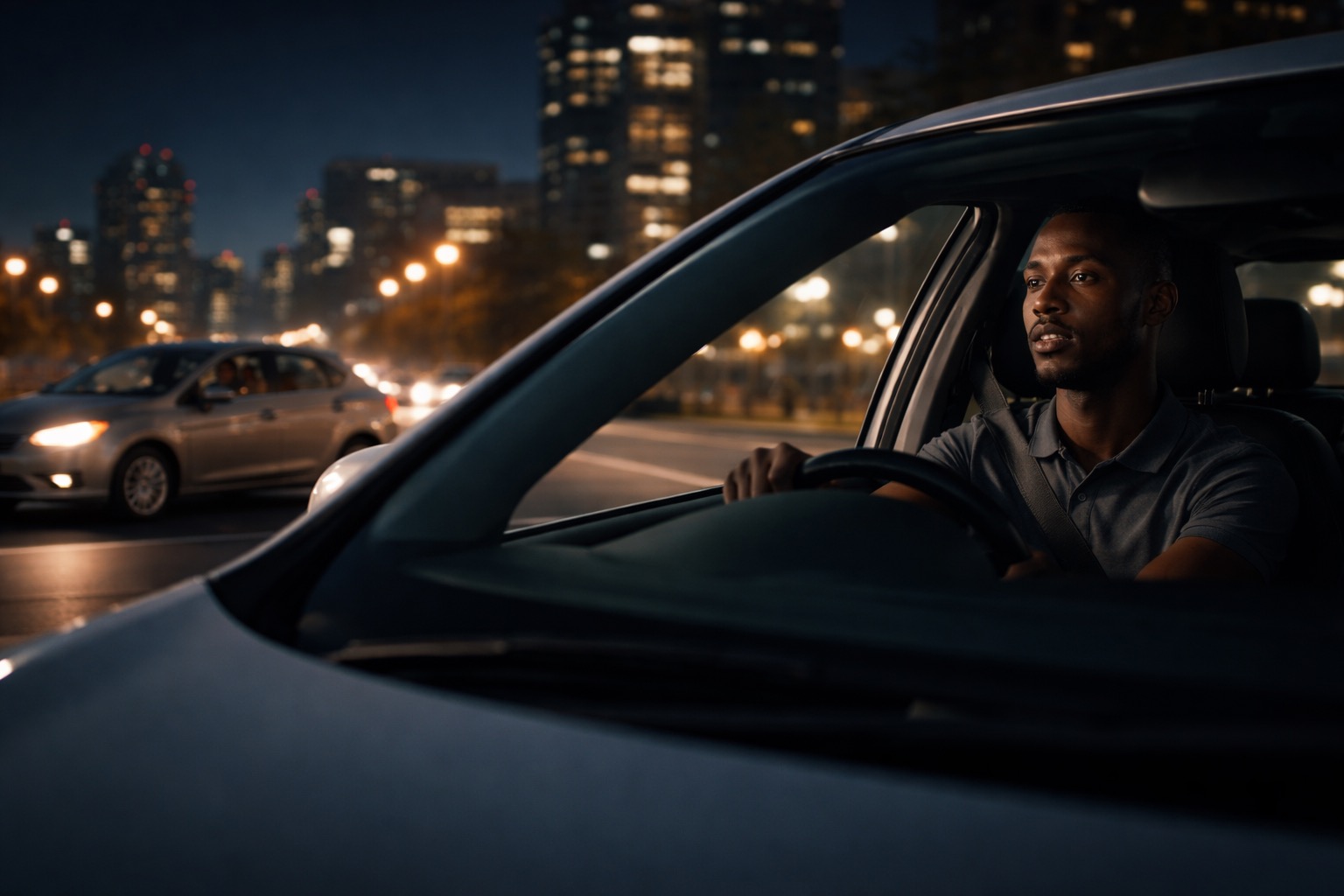 A driver in moody late-night light, hours into the shift