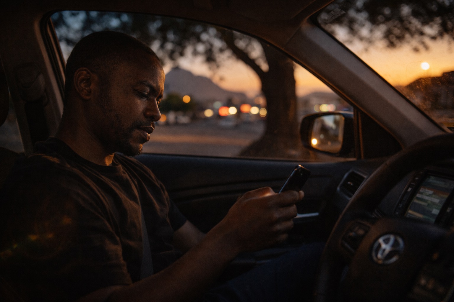 A driver in his car at dusk, checking the app, mountain and golden sky behind him
