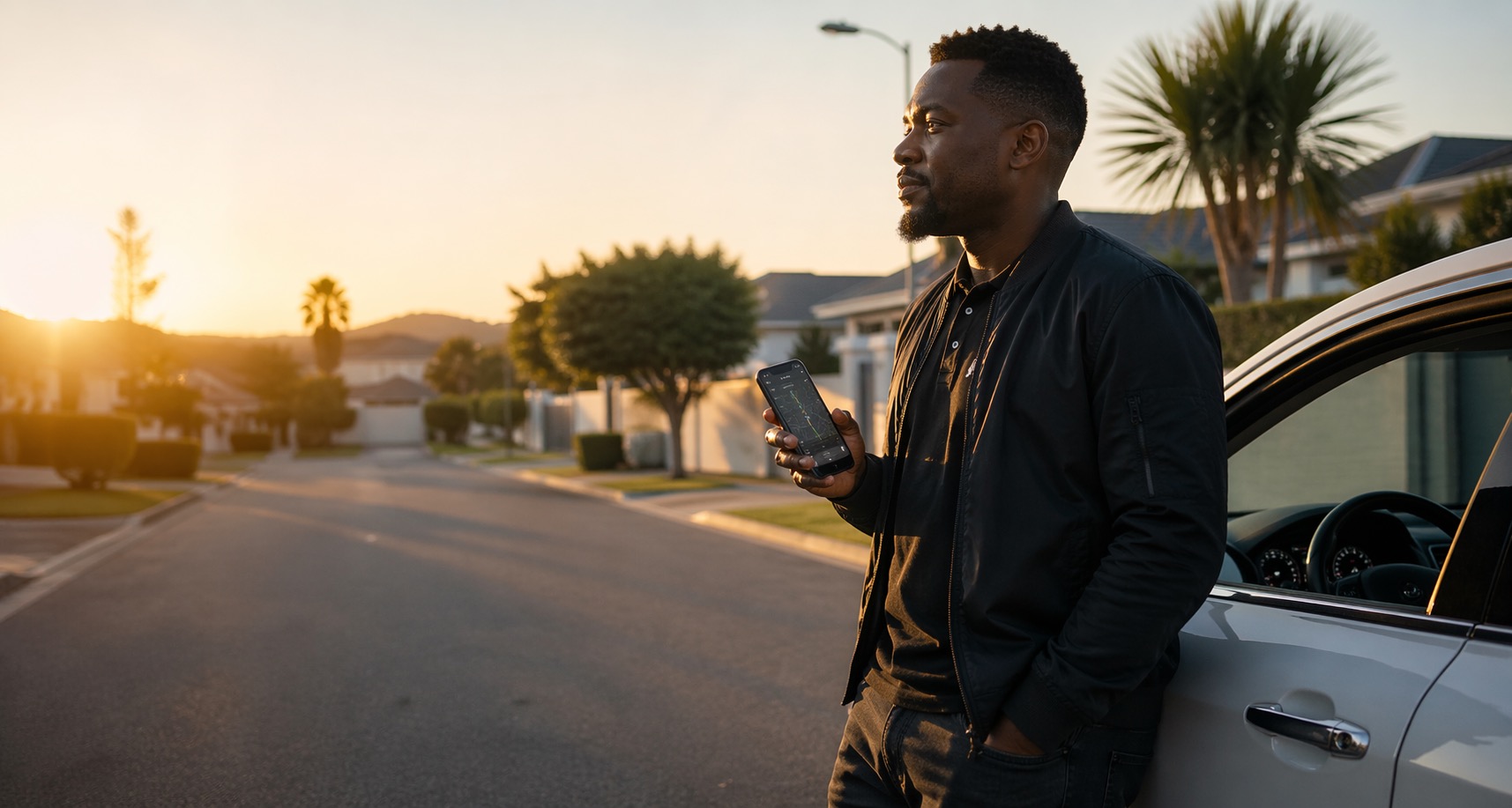 A driver leaning on his car in a suburb at sunset — the neighbourhood he visits every day but never gets to call home