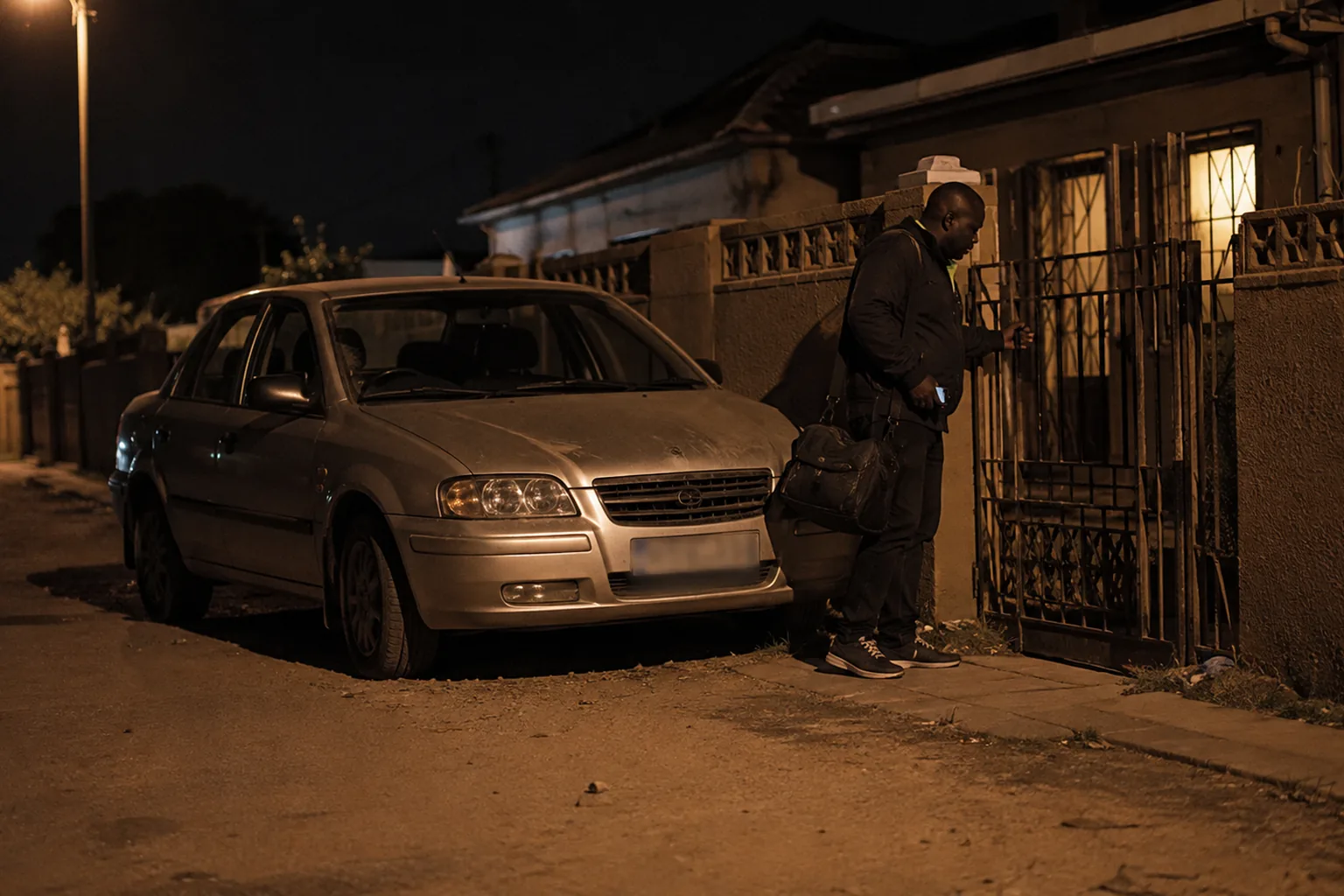 A driver arriving home at his gate at night