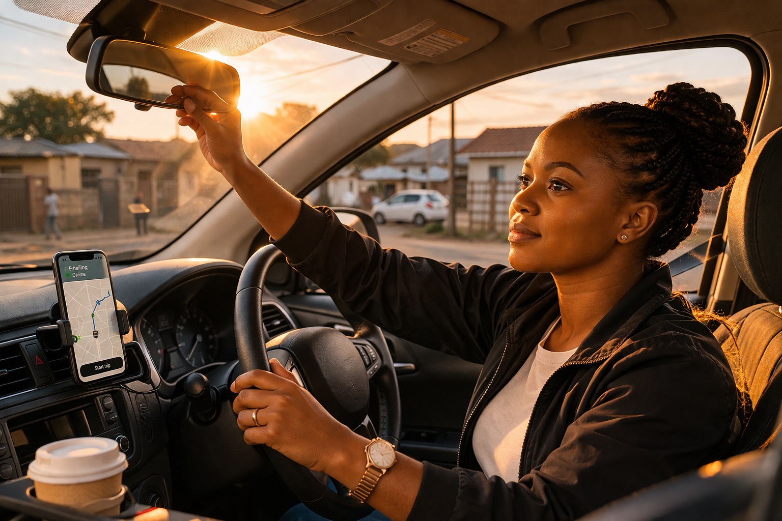A driver checking the app on her phone-mount mirror, ready to start