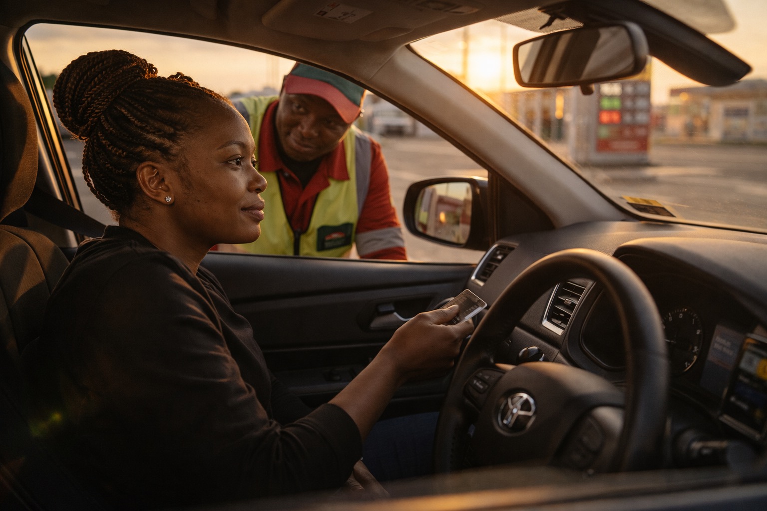 A ride-hail driver paying the pump attendant at sunset