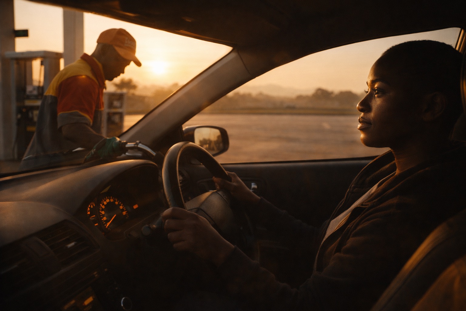 A driver behind the wheel as the pump attendant fills up her car at sunset — the card paying first