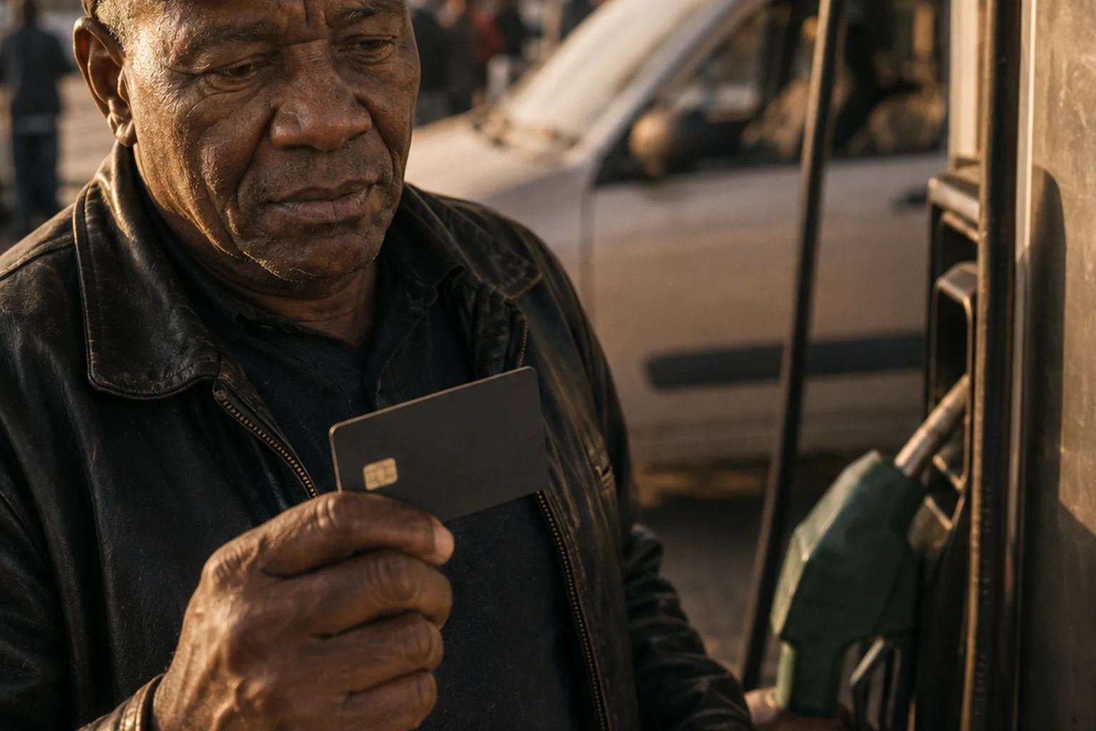 An older driver holding his fuel card at the pump