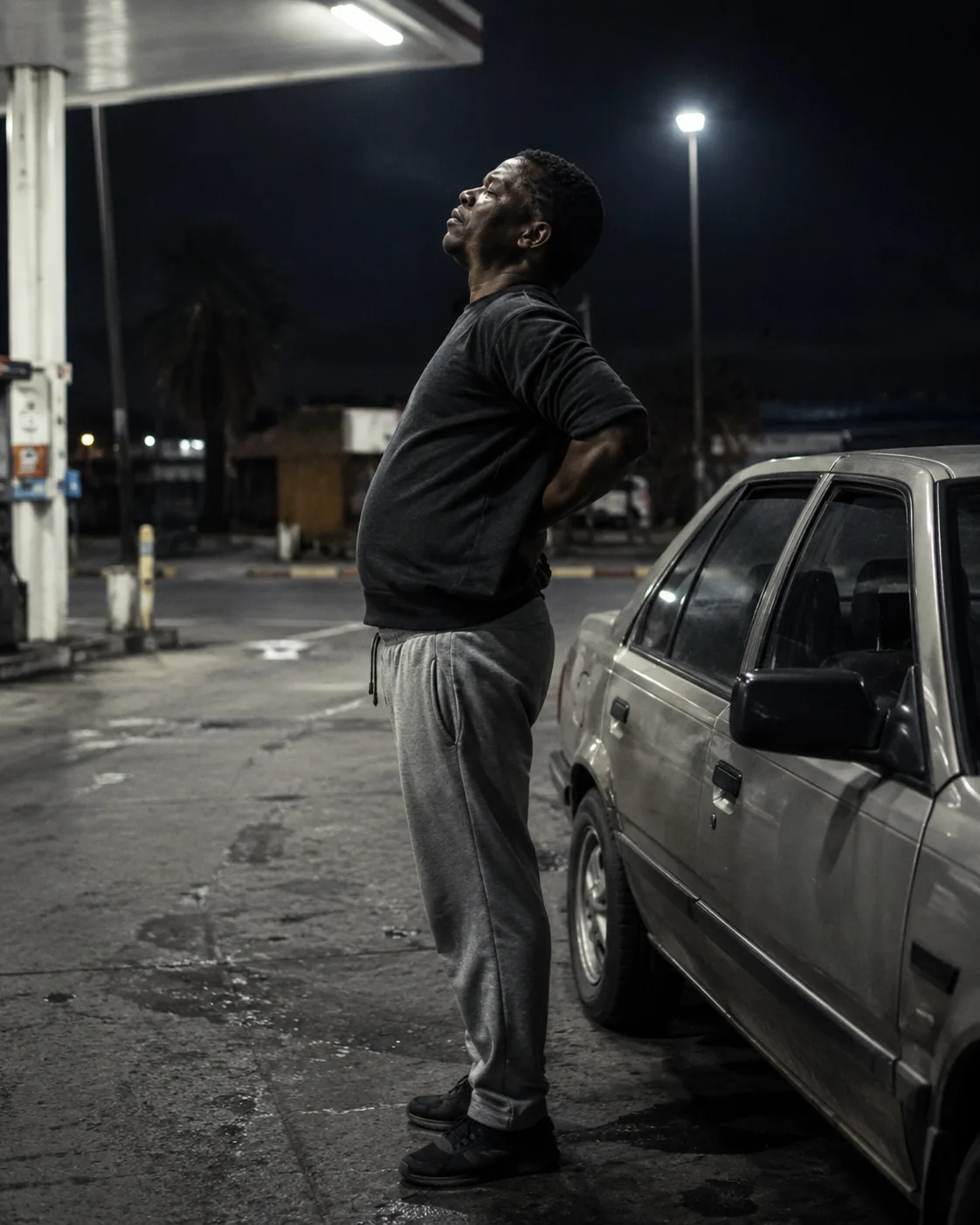 A driver standing beside his stopped car under a forecourt light at night