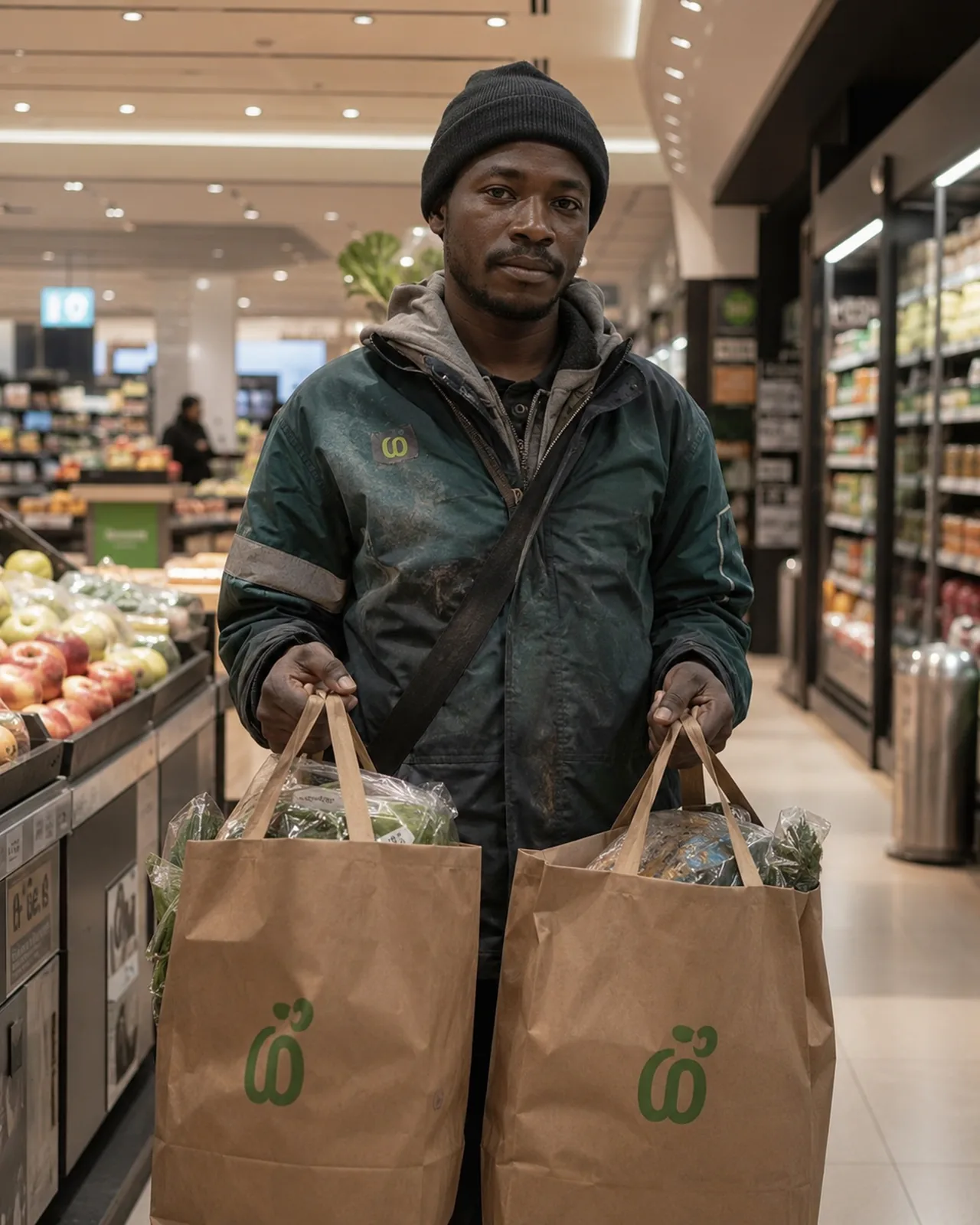 A shopper carrying grocery bags out of a store