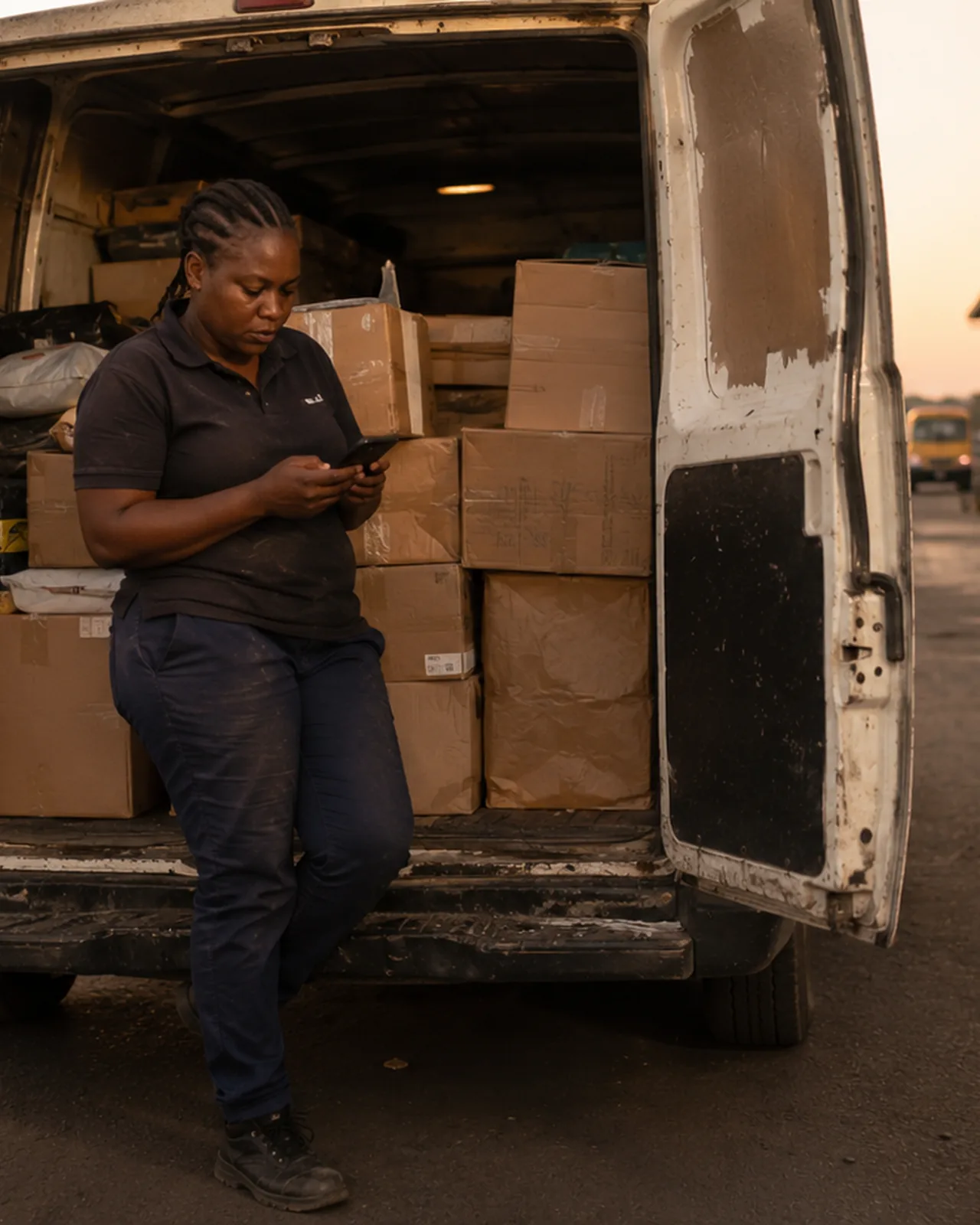 A courier working at the back of a loaded van at night